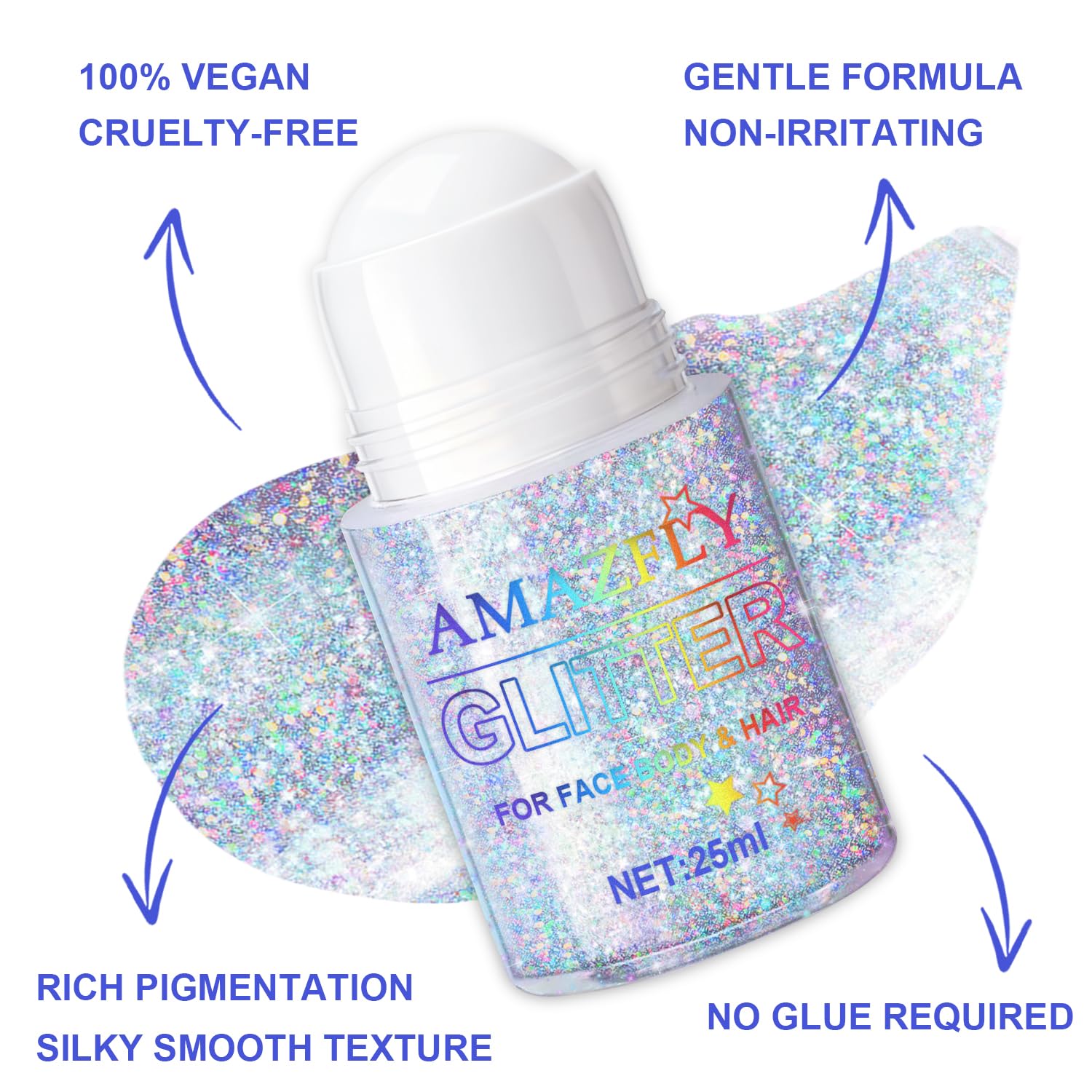 GADMLURY Holographic color-shift glitter enhances eyes and cheekbones with shimmer.