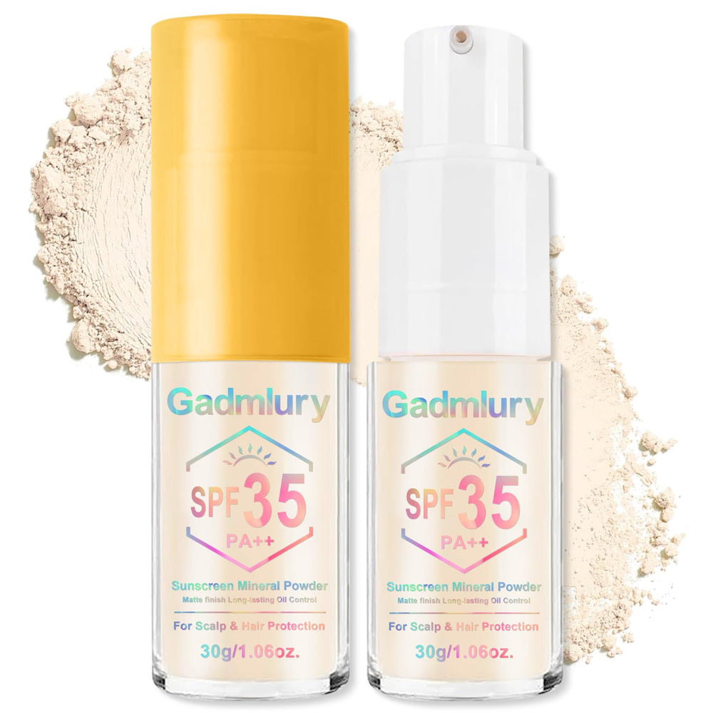 GADMLURY mineral sunscreen powder bottle front view for easy SPF on-the-go