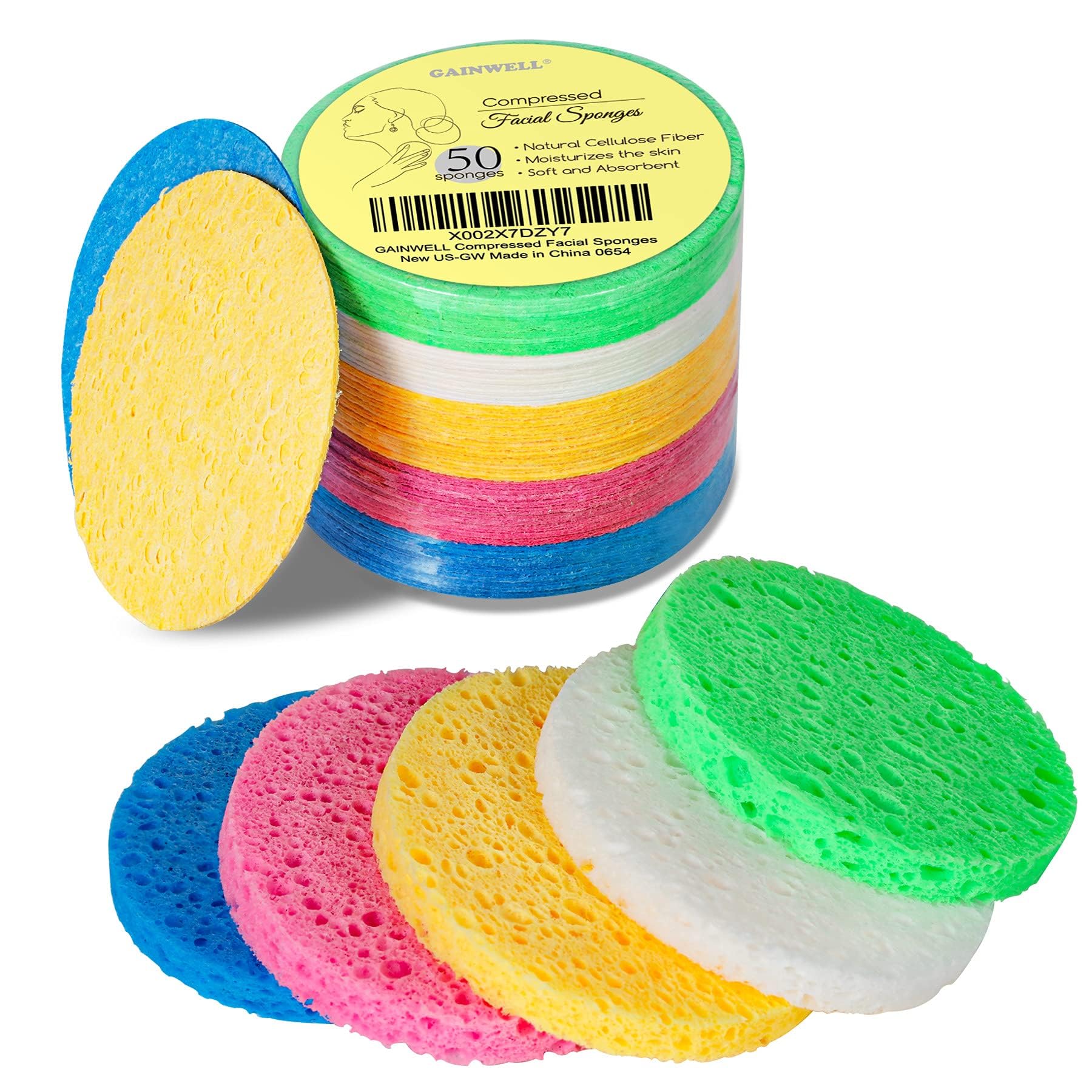 Gainwell 50-colored sponges yellow pack for gentle daily cleansing and makeup removal.