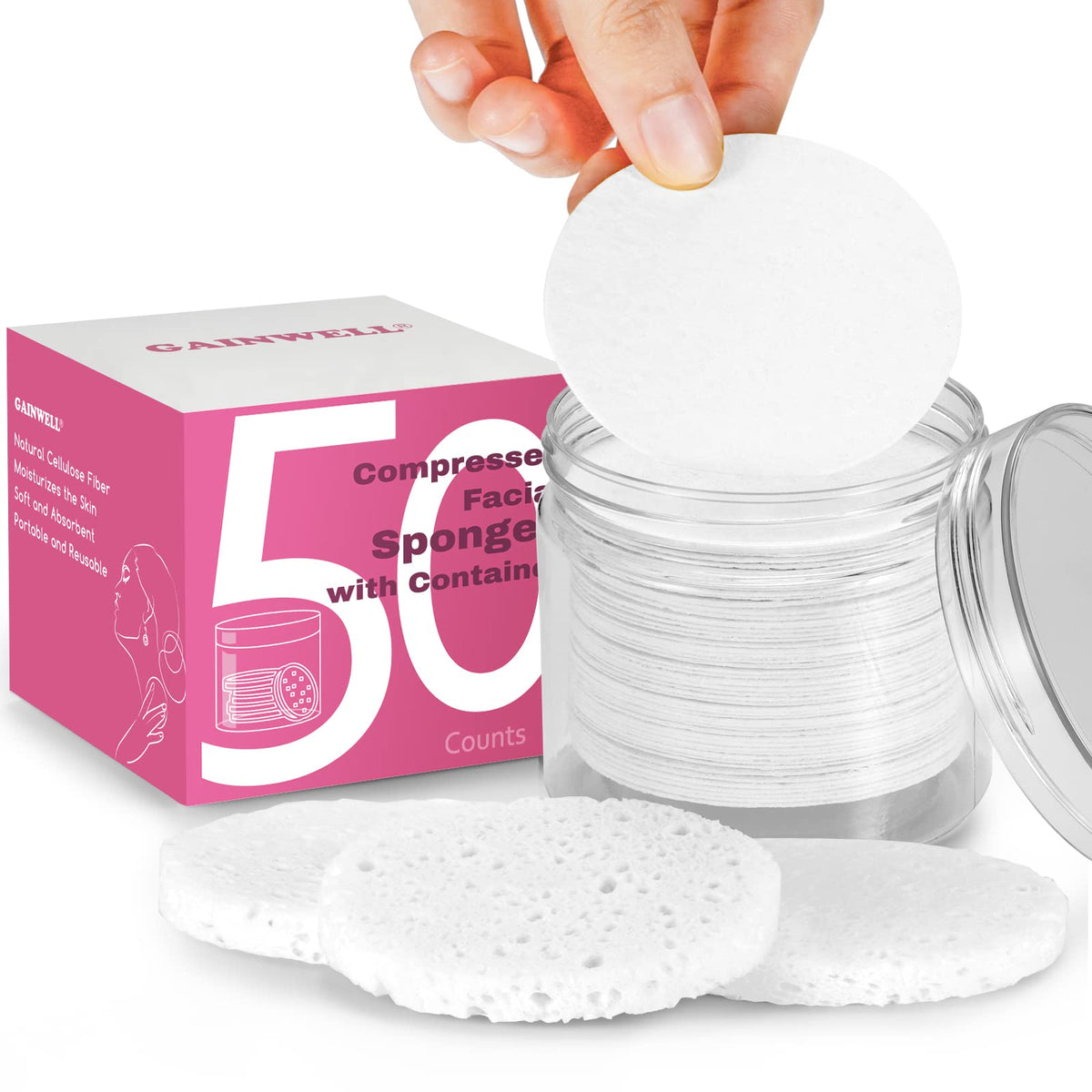 GAINWELL 50-count compressed facial sponges ready for daily cleansing.