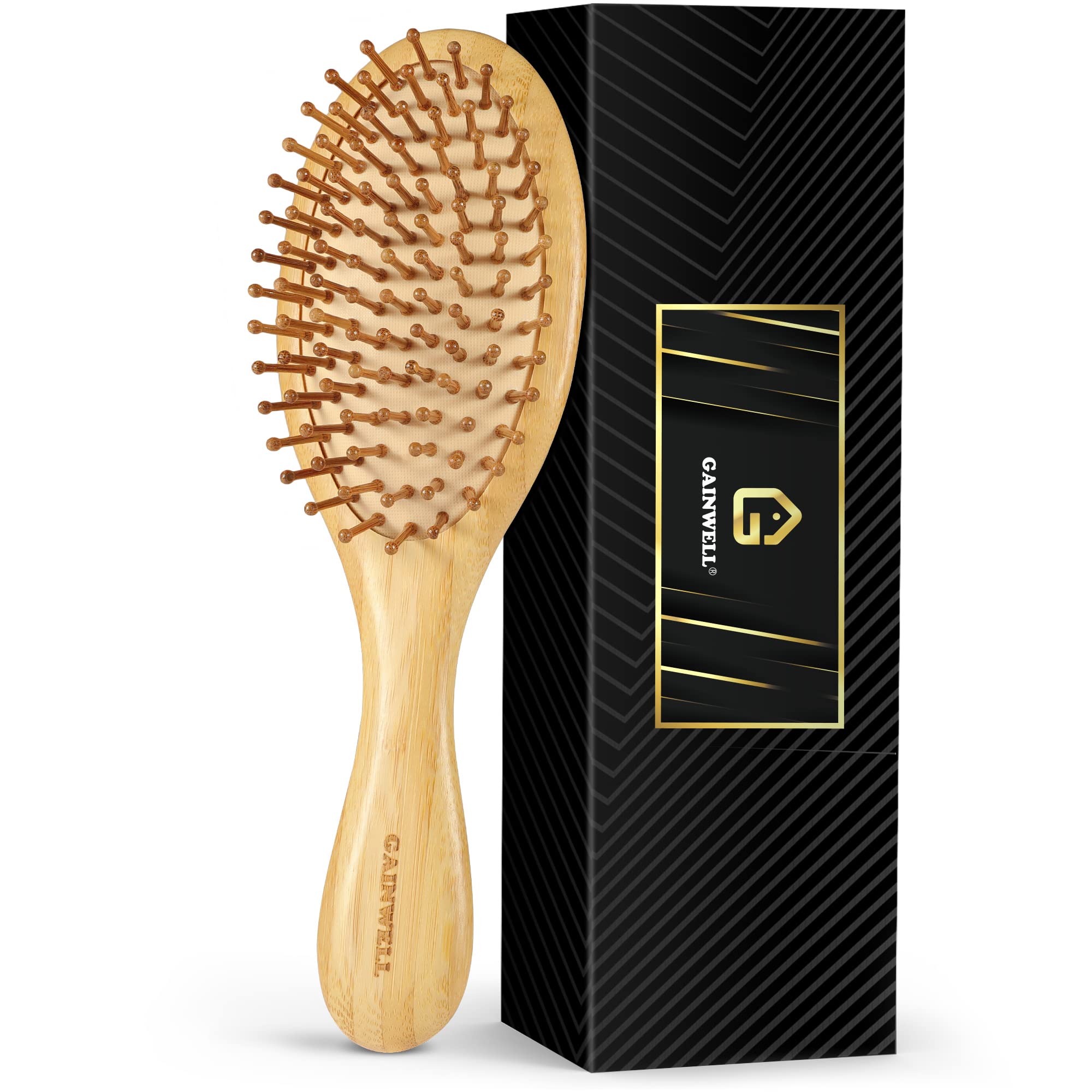 GAINWELL bamboo hair brush top view for gentle scalp massage and detangling.