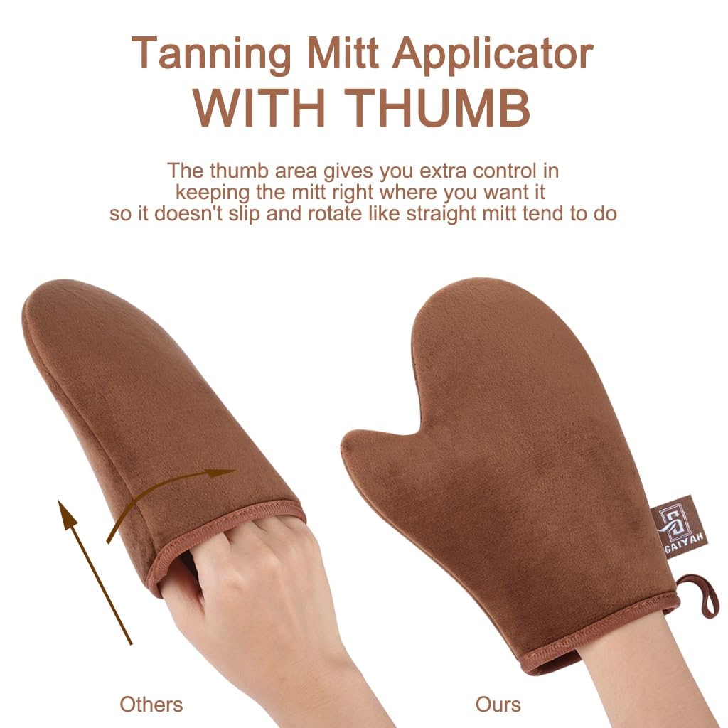 GAIYAH self tanning mitt with reinforced stitching for long-lasting durability.