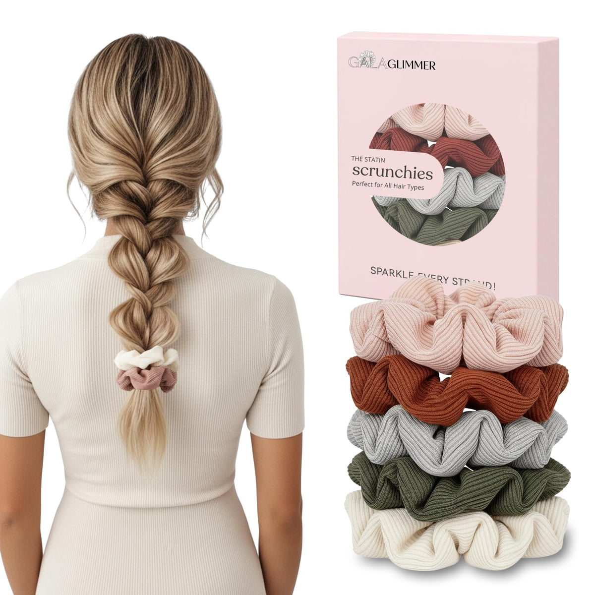 GALAGLIMMER Scrunchies de algodón, conjunto de 5 colores neutros para uso diario.
