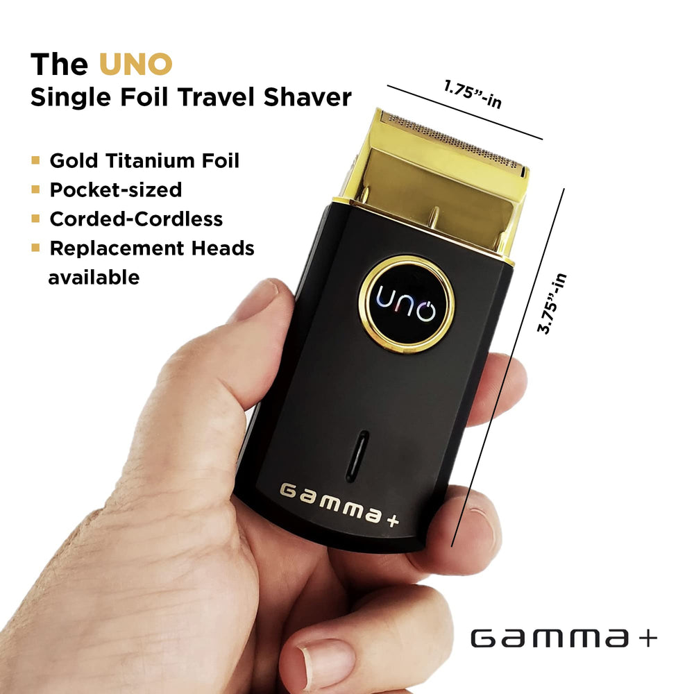 GAMMA+ Uno Mini side grip ergonomic angle emphasizes comfortable handling during daily grooming.