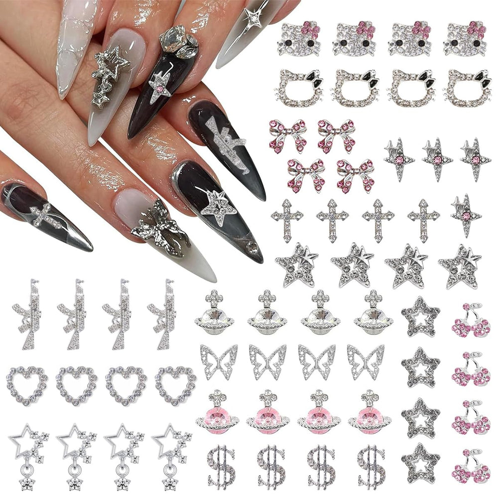 Ganepwns nail charms kit with kitty, heart, star, gun, planet, cross for dazzling 3D nail art