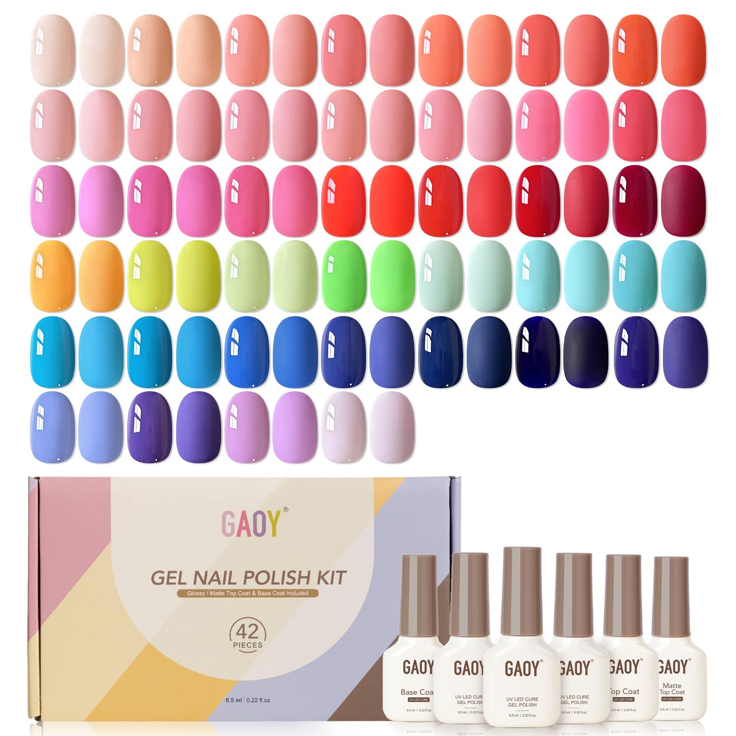 GAOY 42 Pcs Gel Nail Polish Kit color swatches for vibrant manicure options