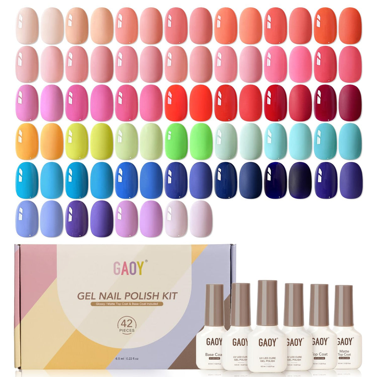 GAOY 42 Pcs Gel Nail Polish Kit color swatches for vibrant manicure options