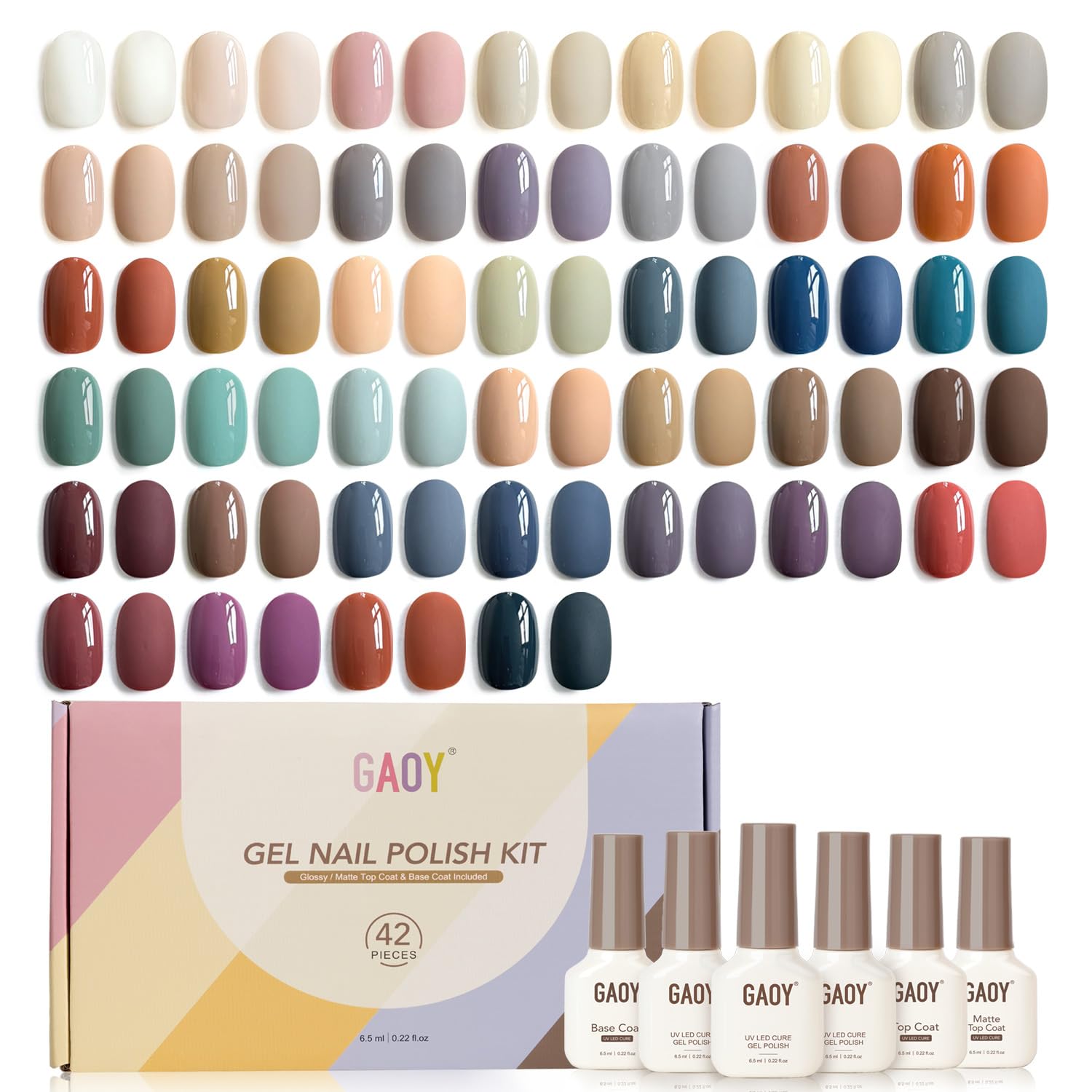 GAOY 42-pcs gel nail polish kit colors array for versatile manicure options.