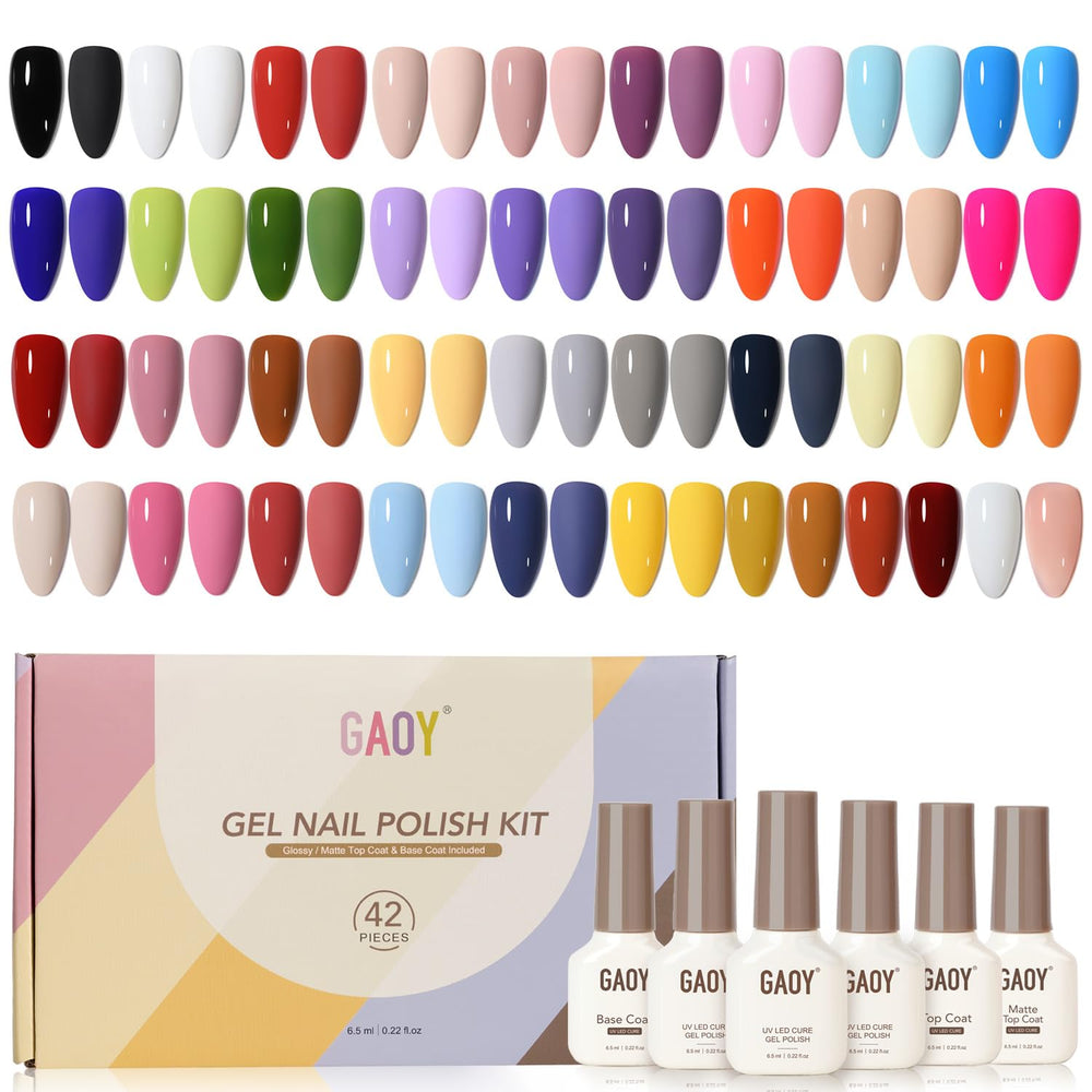 GAOY 42-piece gel nail kit with colors and coats for versatile manicures.