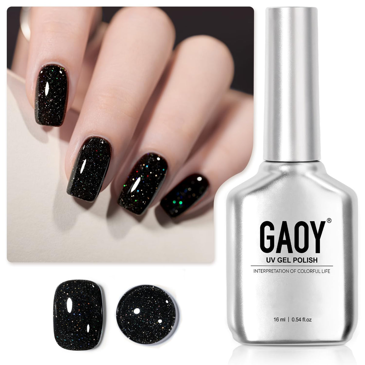 GAOY Black Reflective Glitter Gel Nail Polish sparkles brilliantly for party nights.