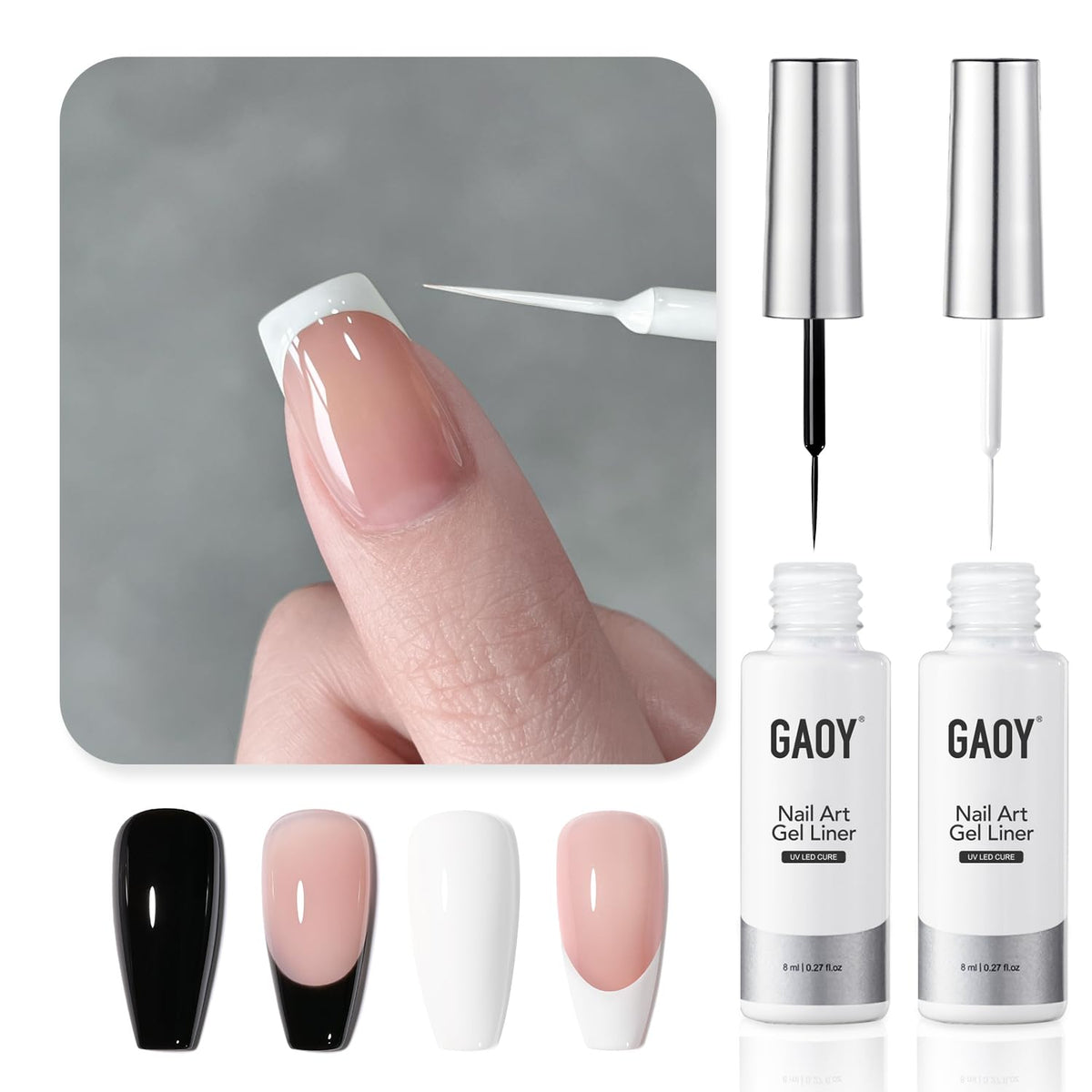 GAOY gel polish bottles in black and white for at-home nail art.