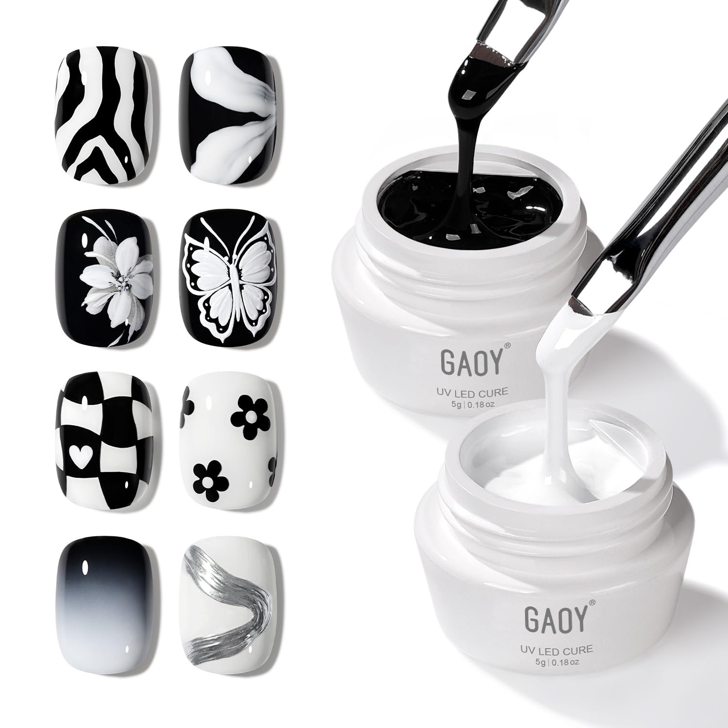 GAOY Black & White painting gel lines for crisp nail detailing