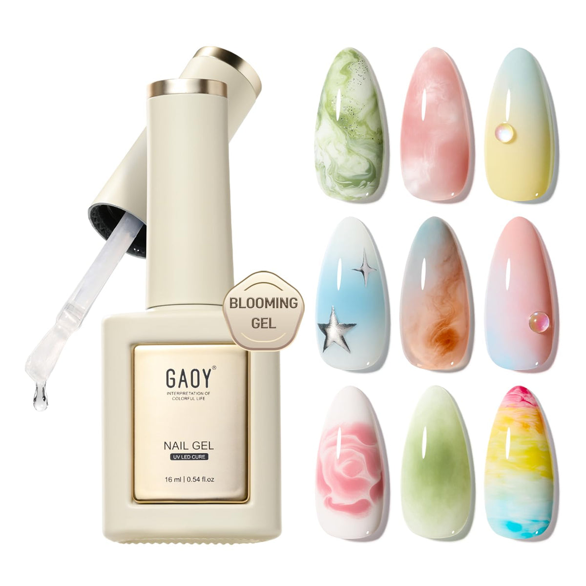 GAOY Blooming Gel: botella clara para aplicación precisa y limpia.