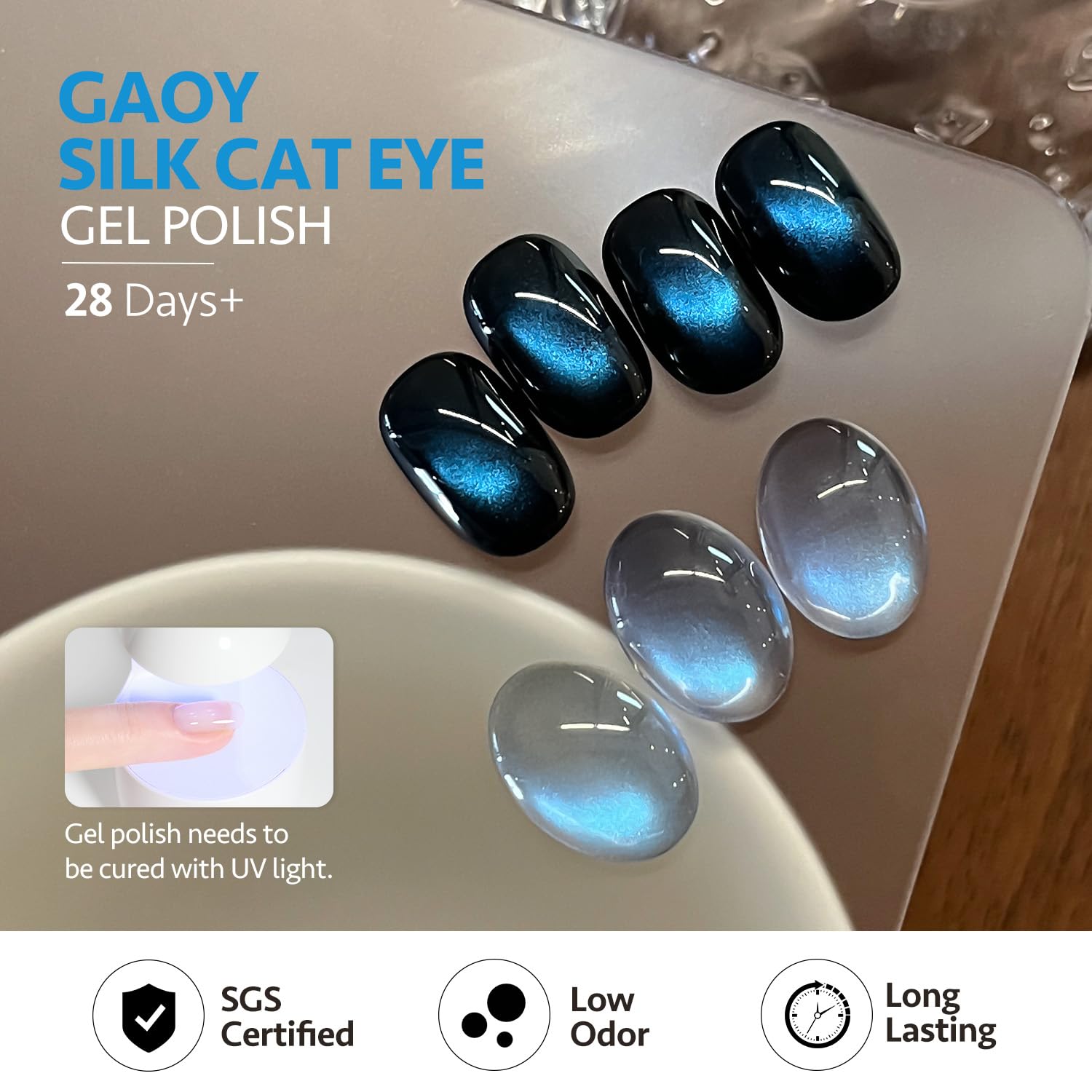 GAOY UV-cure finish close-up demonstrates quick drying results.