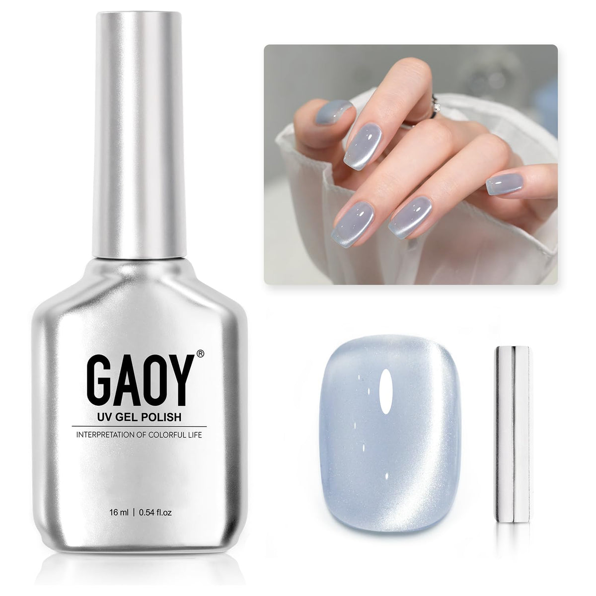GAOY Blue Glassy Cat Eye nail polish bottle with magnet showing shimmering pattern
