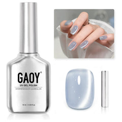 GAOY Blue Glassy Cat Eye nail polish bottle with magnet showing shimmering pattern