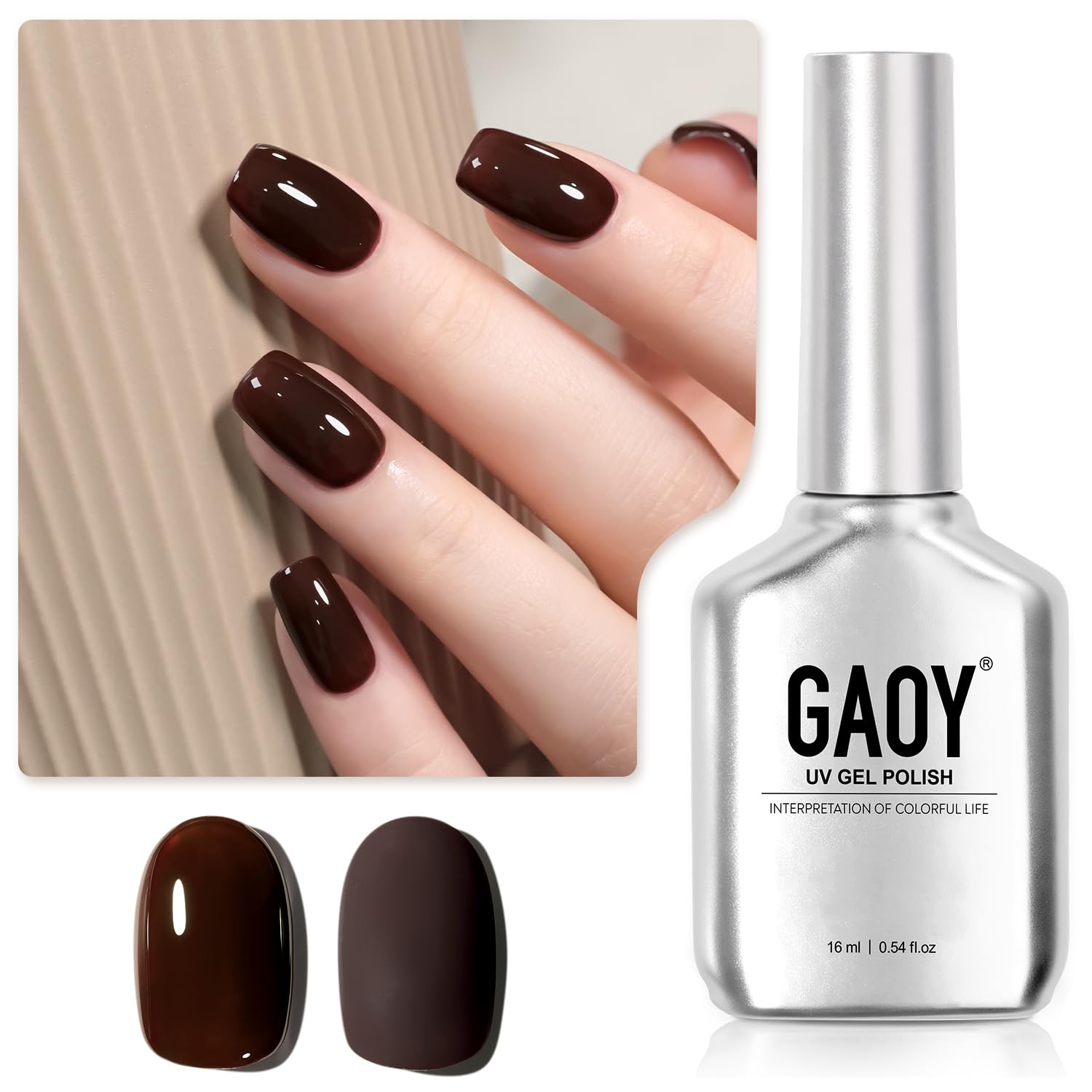 GAOY Molten Chocolate gel polish bottle displaying rich brown shade for at-home manicures