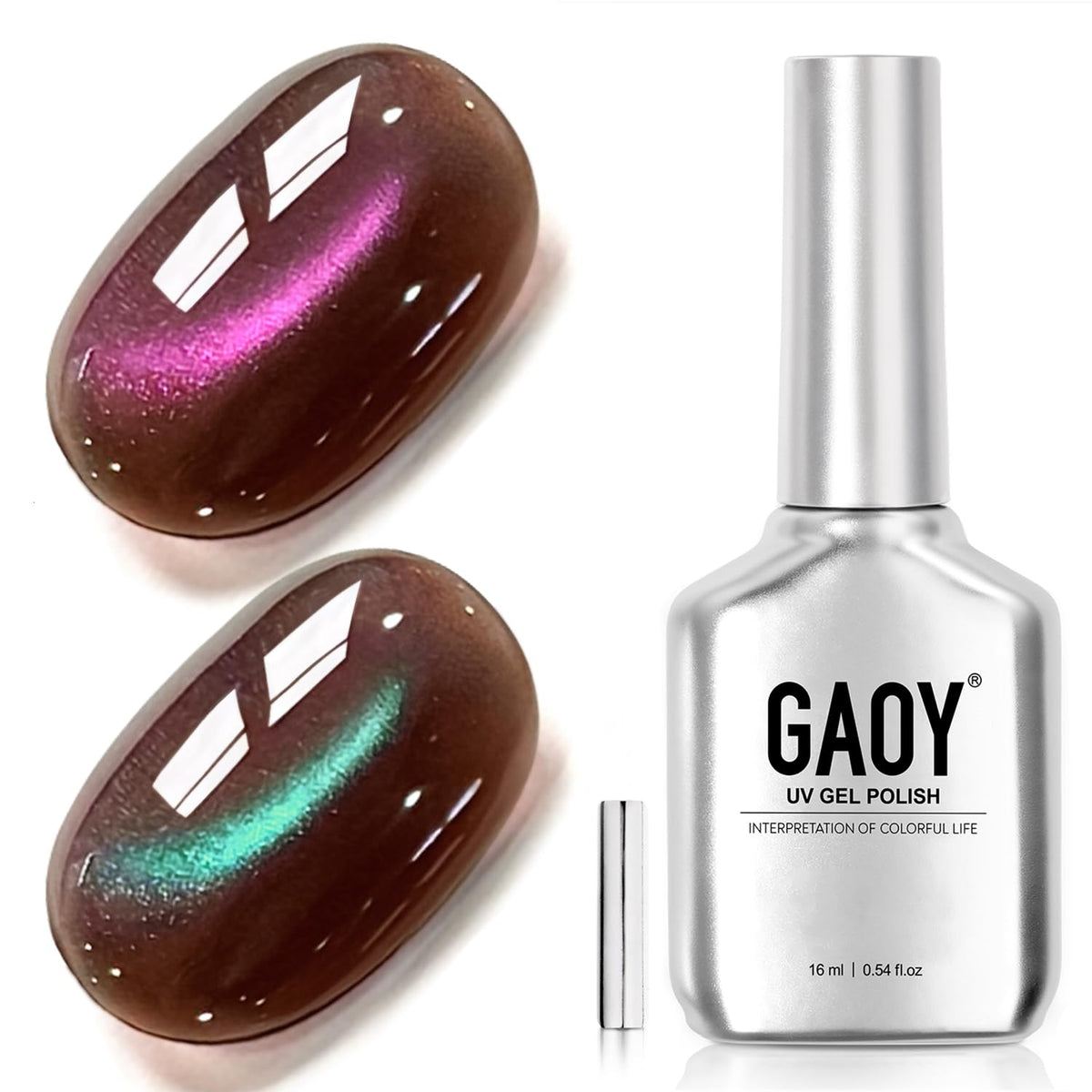 GAOY Brown Glassy Cat Eye Gel Polish with Aurora shimmer that shifts with movement.