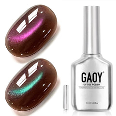 GAOY Brown Glassy Cat Eye Gel Polish with Aurora shimmer that shifts with movement.