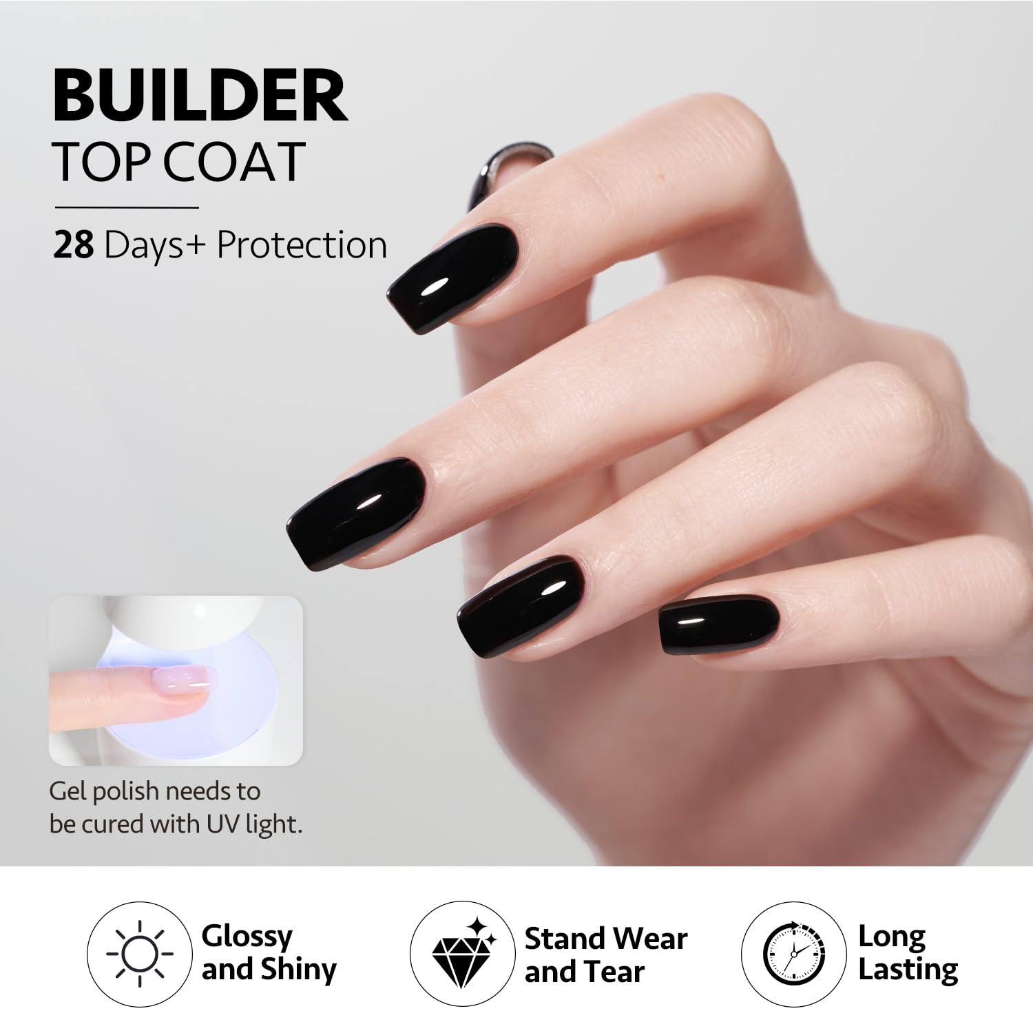 GAOY Builder Top Coat Gel provides long lasting wear for gel nails.