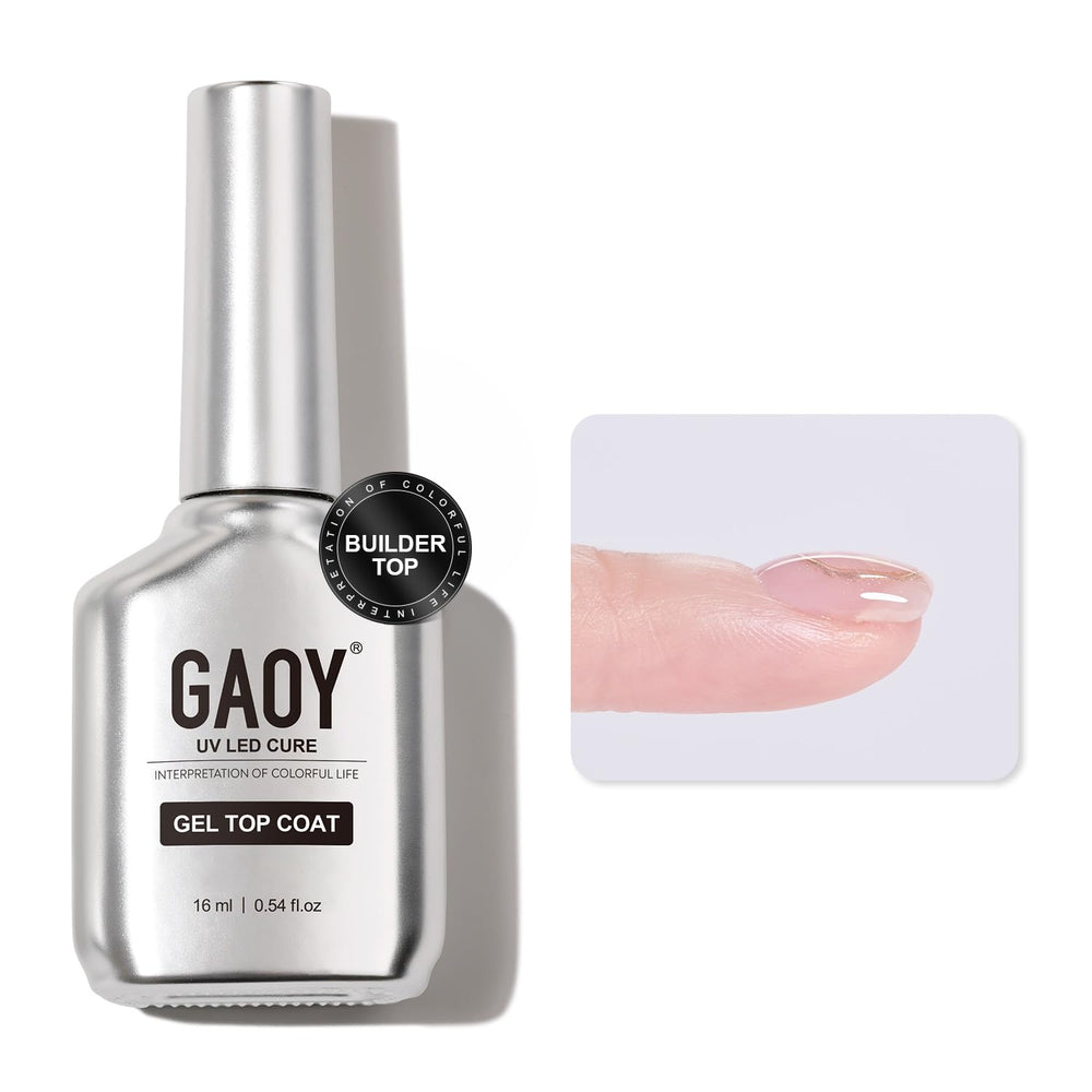 GAOY Builder Top Coat Gel delivers a no-wipe, glossy finish for gel nails.