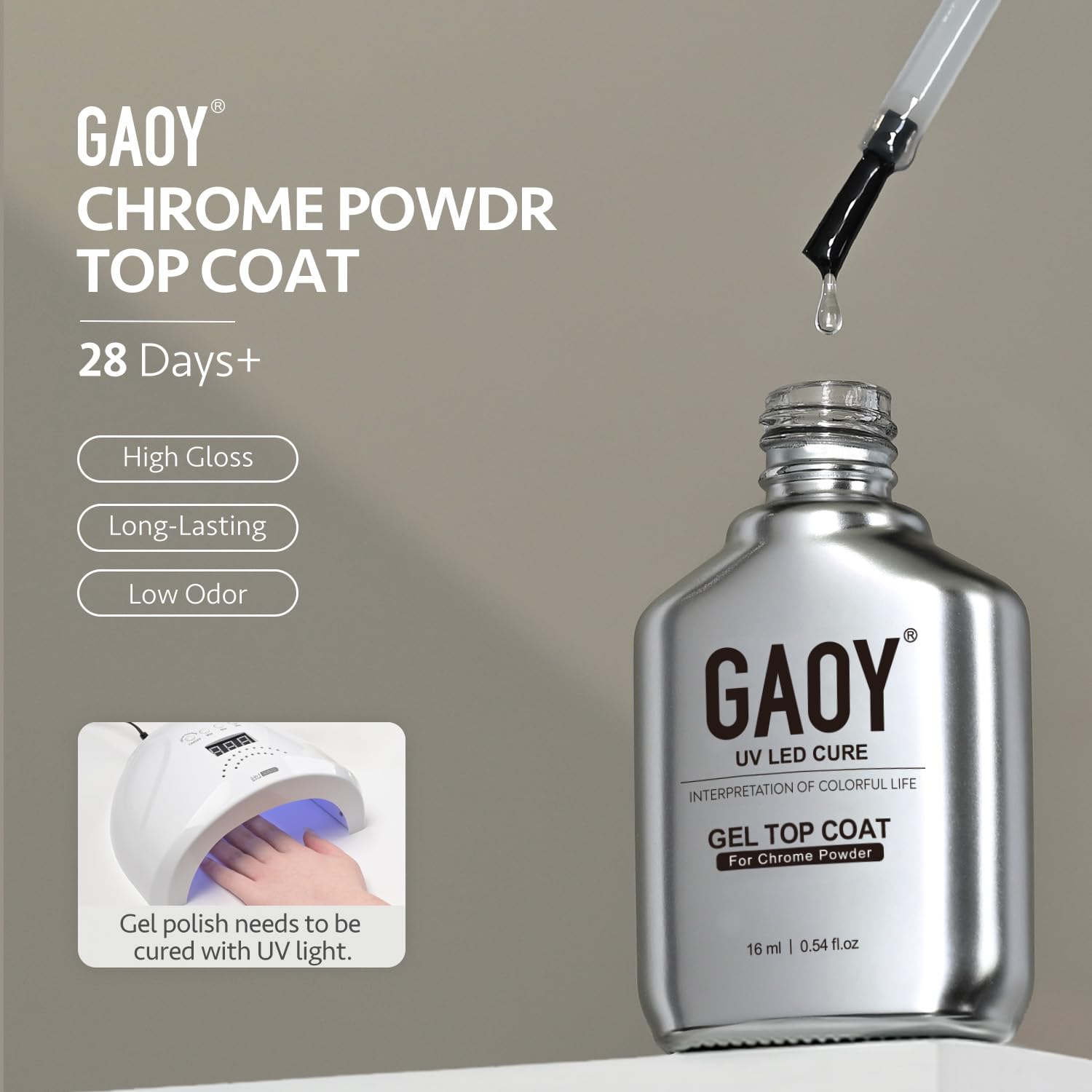 GAOY chrome powder bottle packaging includes a 16ml bottle