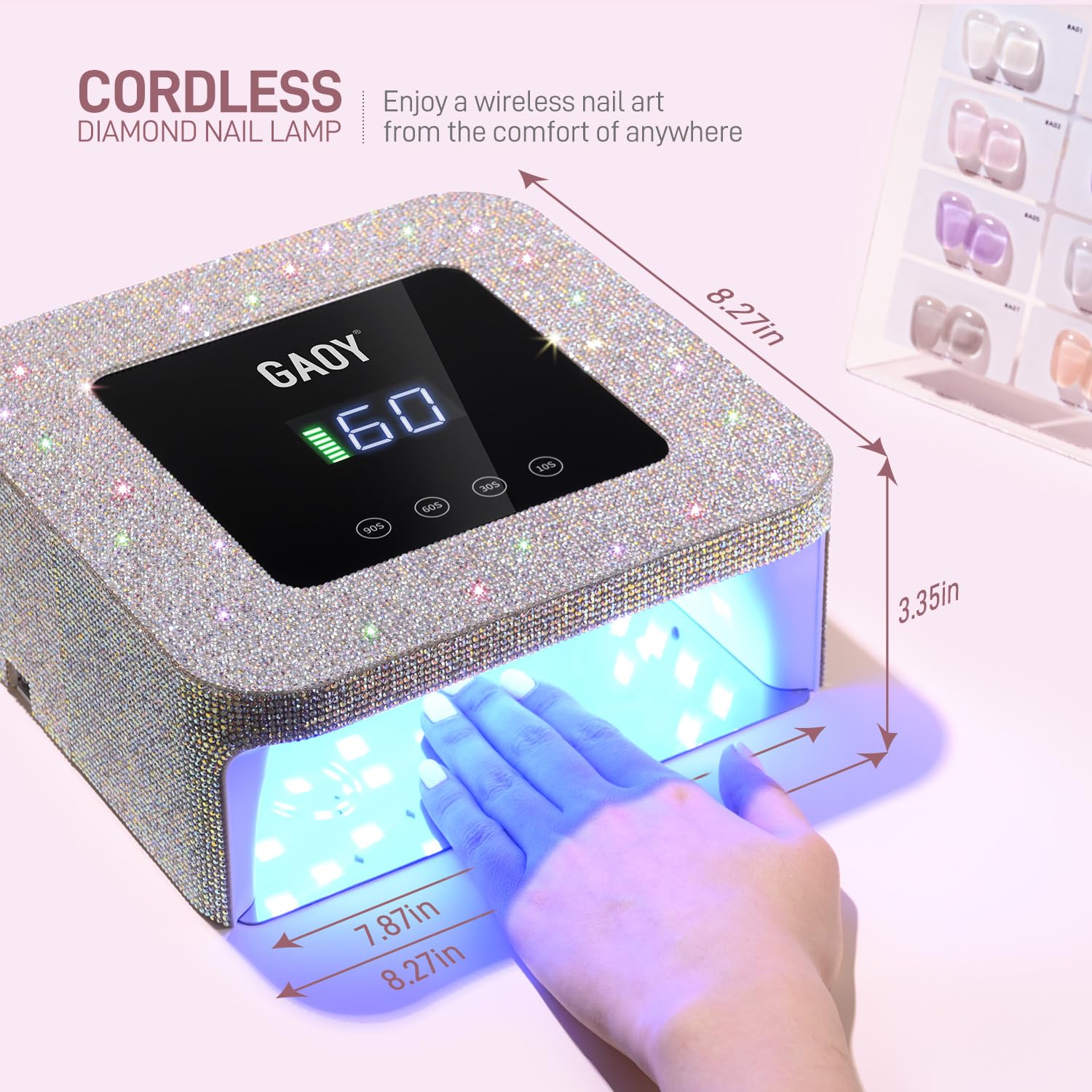 GAOY cordless nail lamp in use with hands-free operation for gel nails