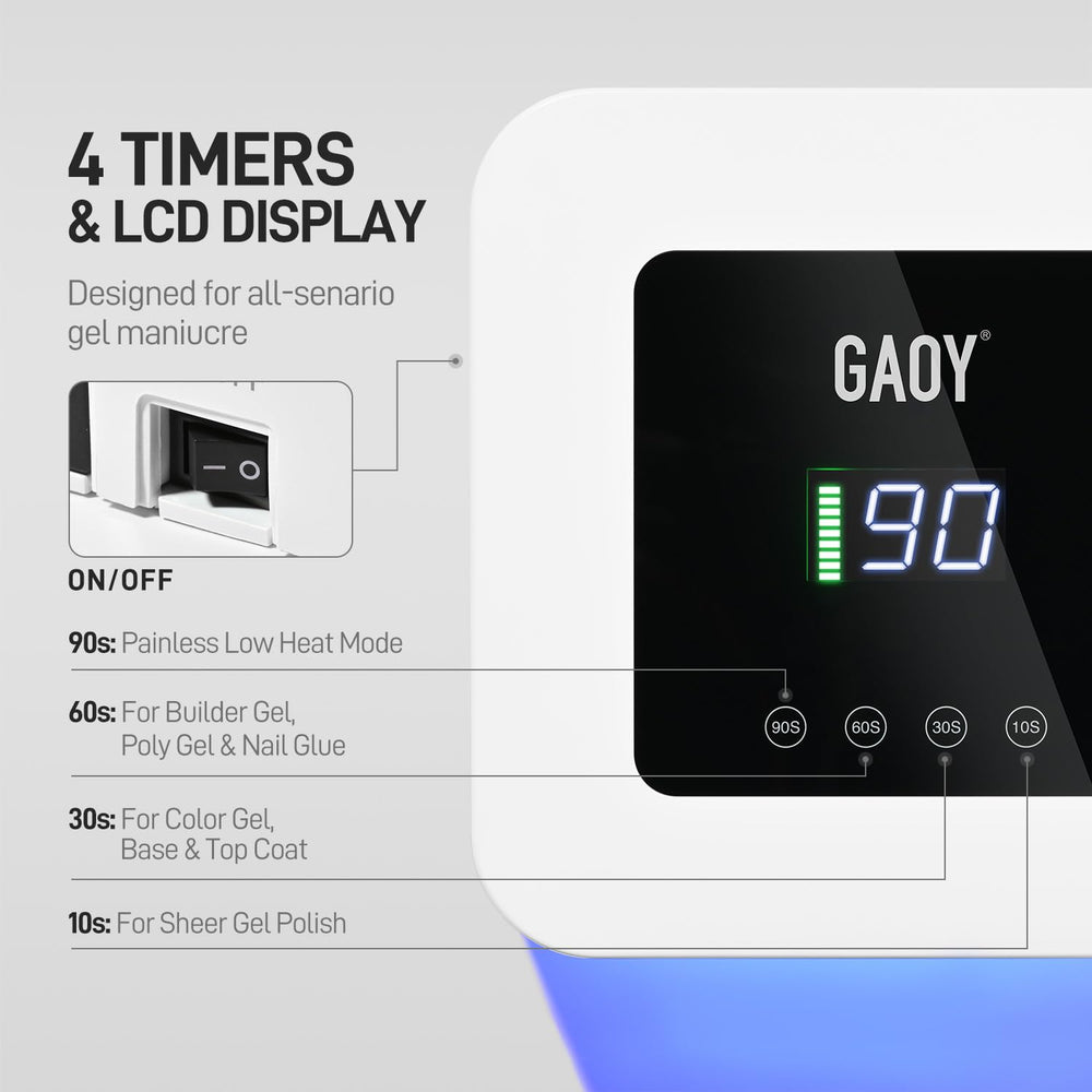 GAOY UV nail lamp LCD display shows time and battery clearly.