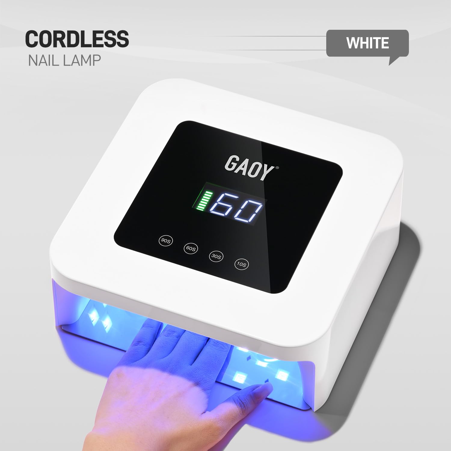 GAOY cordless UV nail lamp with open base for easy cleaning.