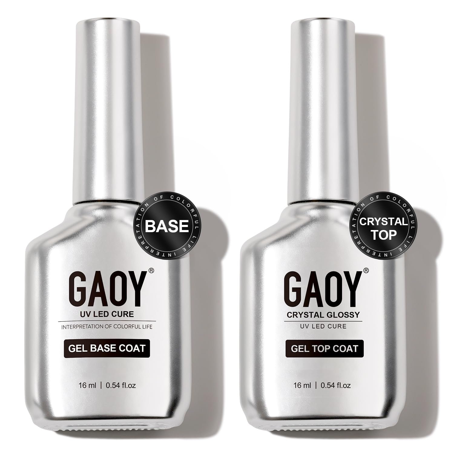 GAOY Crystal Glossy Top Coat bottle with brushed stainless finish for durable shine.