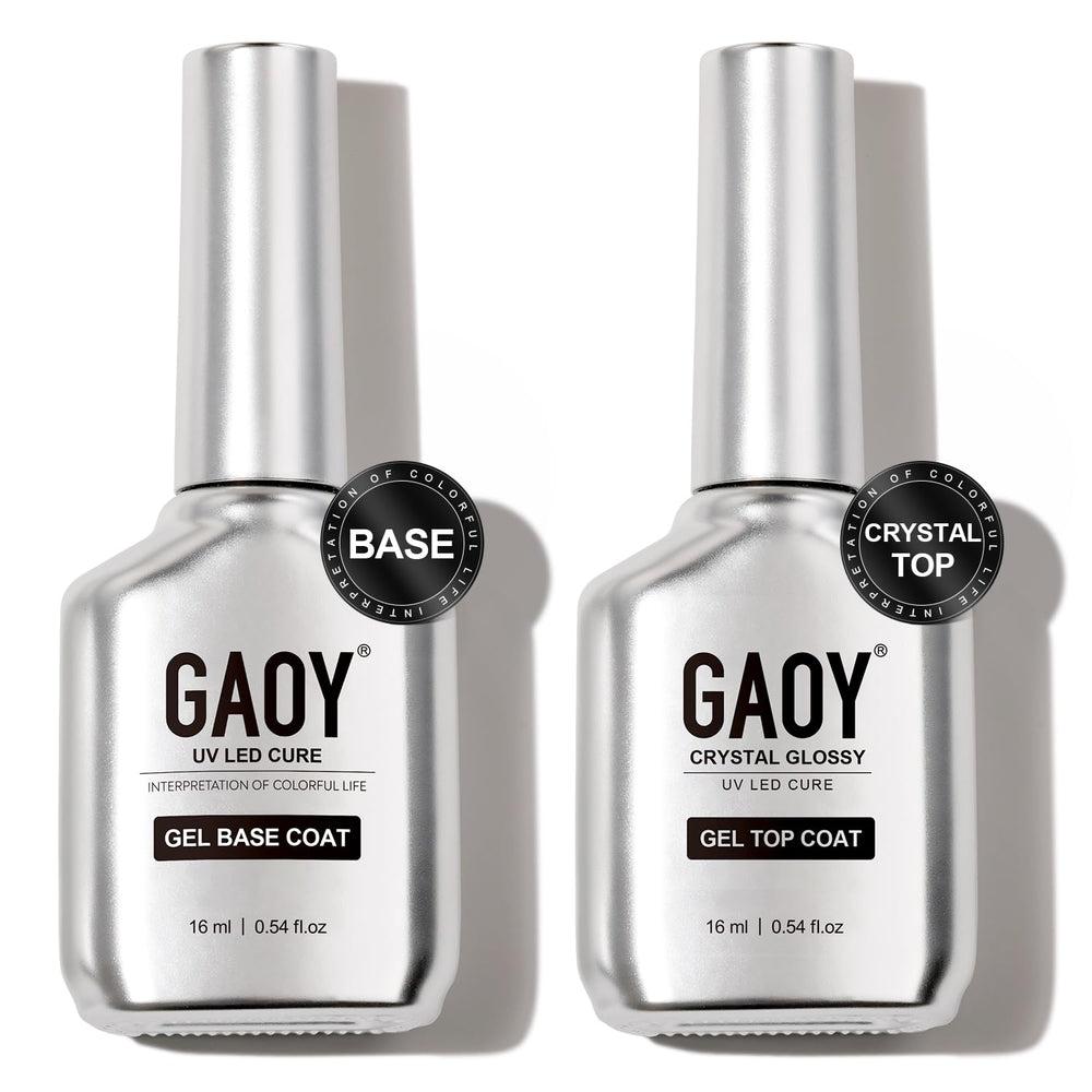 GAOY Crystal Glossy Top Coat bottle with brushed stainless finish for durable shine.