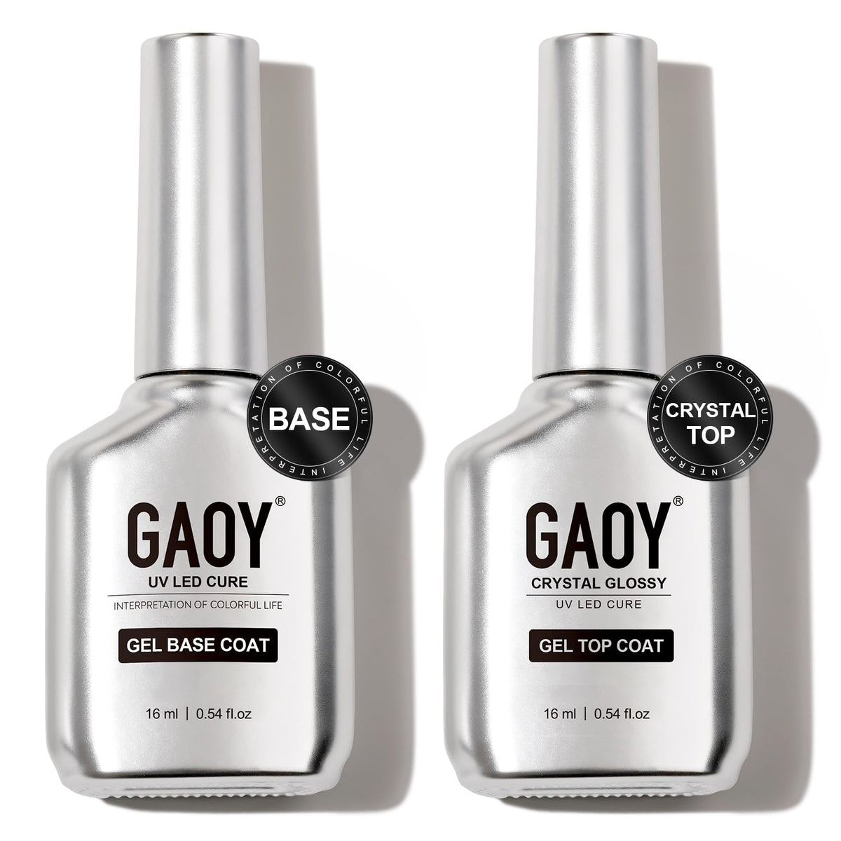 GAOY Crystal Glossy Top Coat bottle with brushed stainless finish for durable shine.