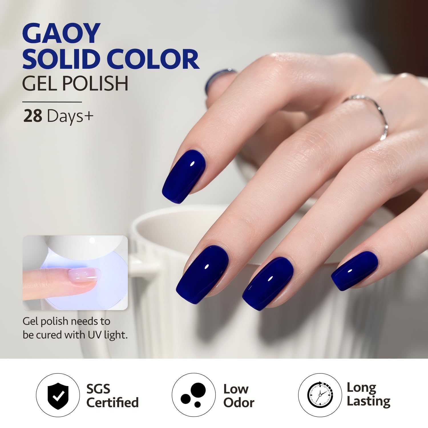 GAOY Deep Blue gel polish delivering a high-gloss, durable manicure.