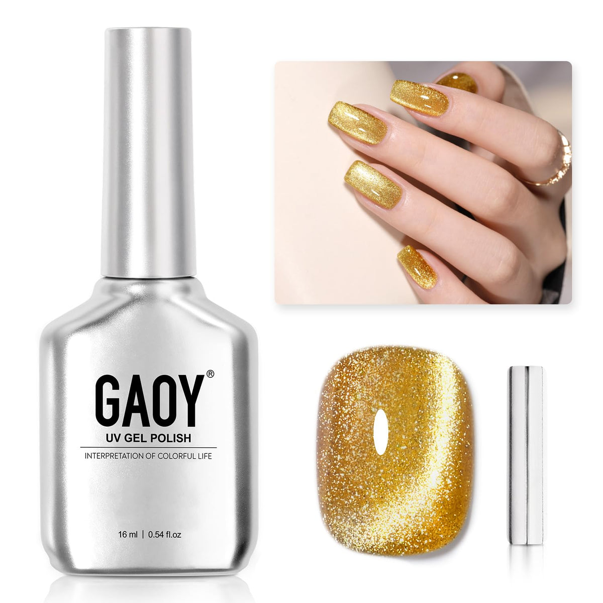 GAOY: efecto ojo de gato brillante con acabado translúcido en uñas.