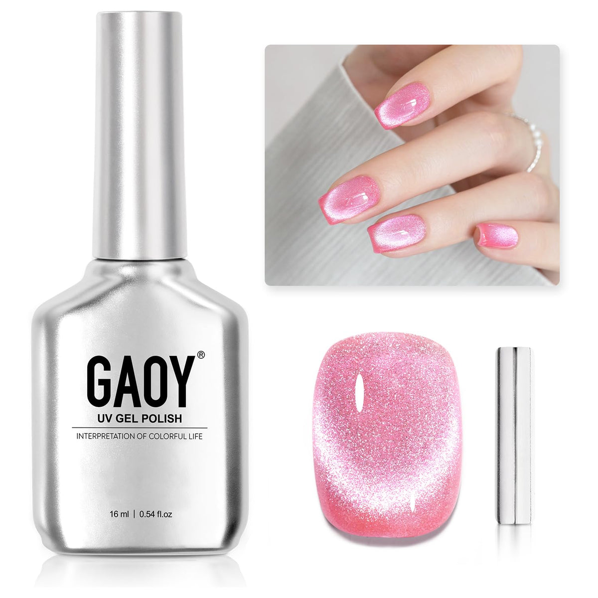 GAOY esmalte gel cat eye rosa con glitter holográfico para uñas