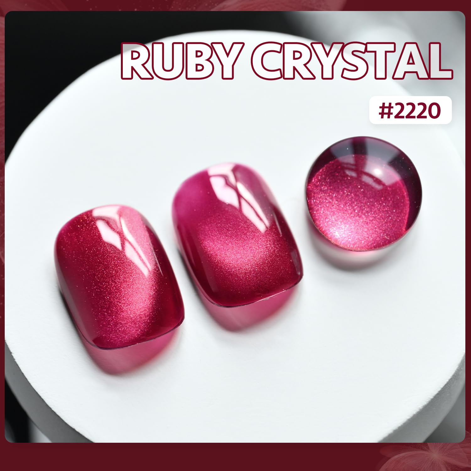 Esmalte gel holográfico traslúcido Ruby Crystal 2220 con brillo reflectante.