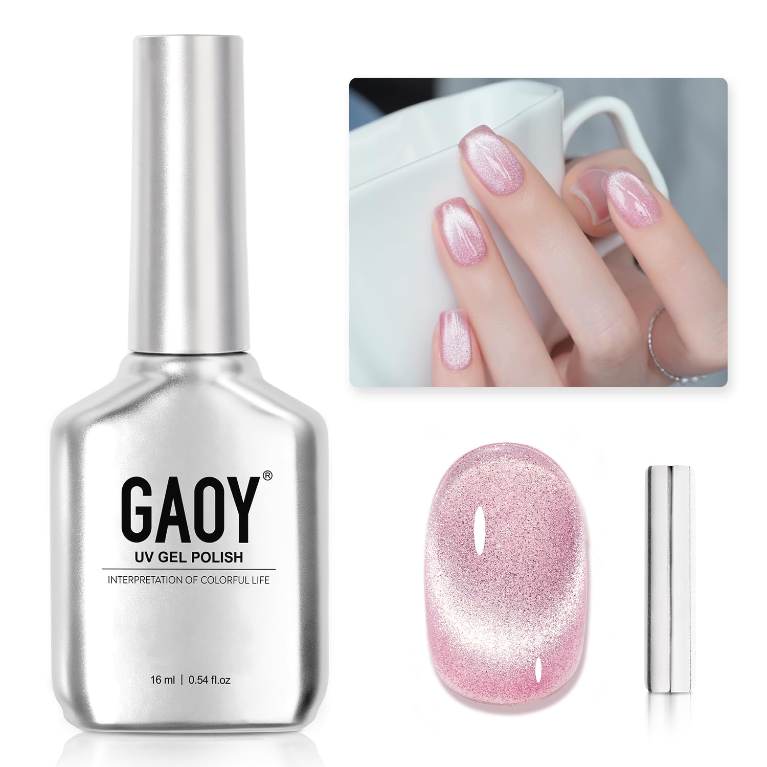 GAOY ojo de gato rosa brillante con imán para brillo llamativo.
