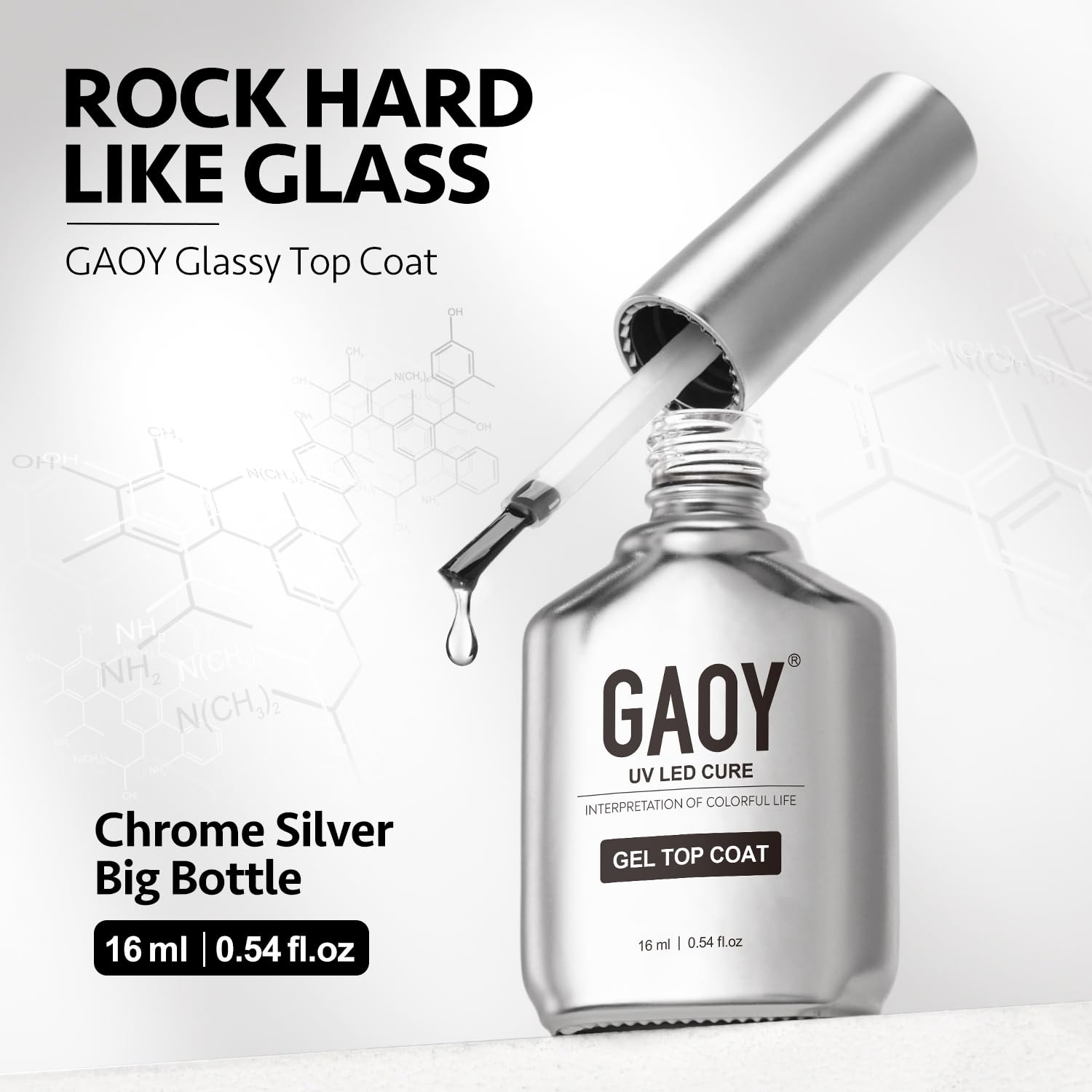 GAOY glassy clear gel top coat 16ml with brushed stainless design for premium look.