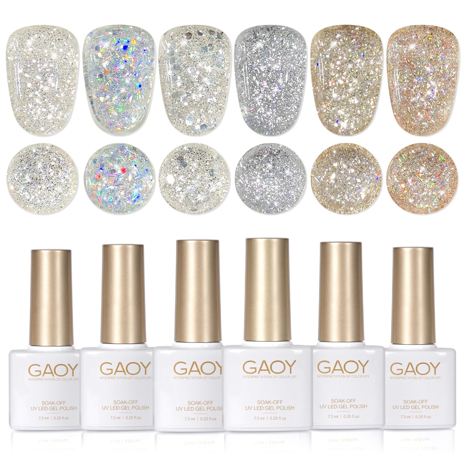 GAOY glitter gel polish set bottles show sparkling colors for at-home manicure.