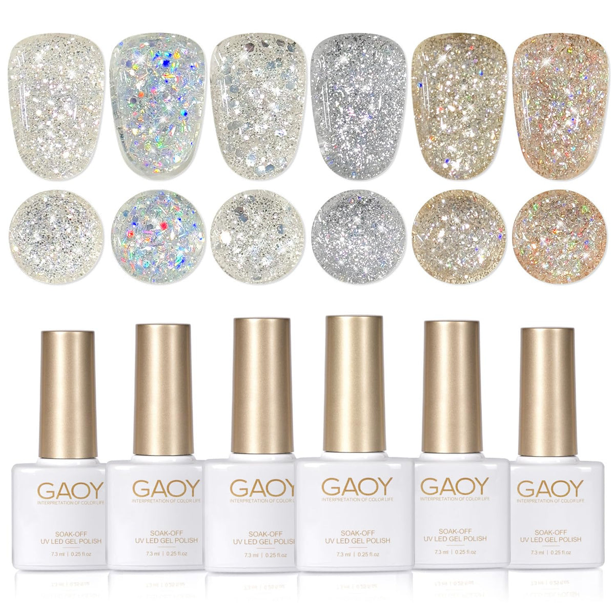 GAOY glitter gel polish set bottles show sparkling colors for at-home manicure.