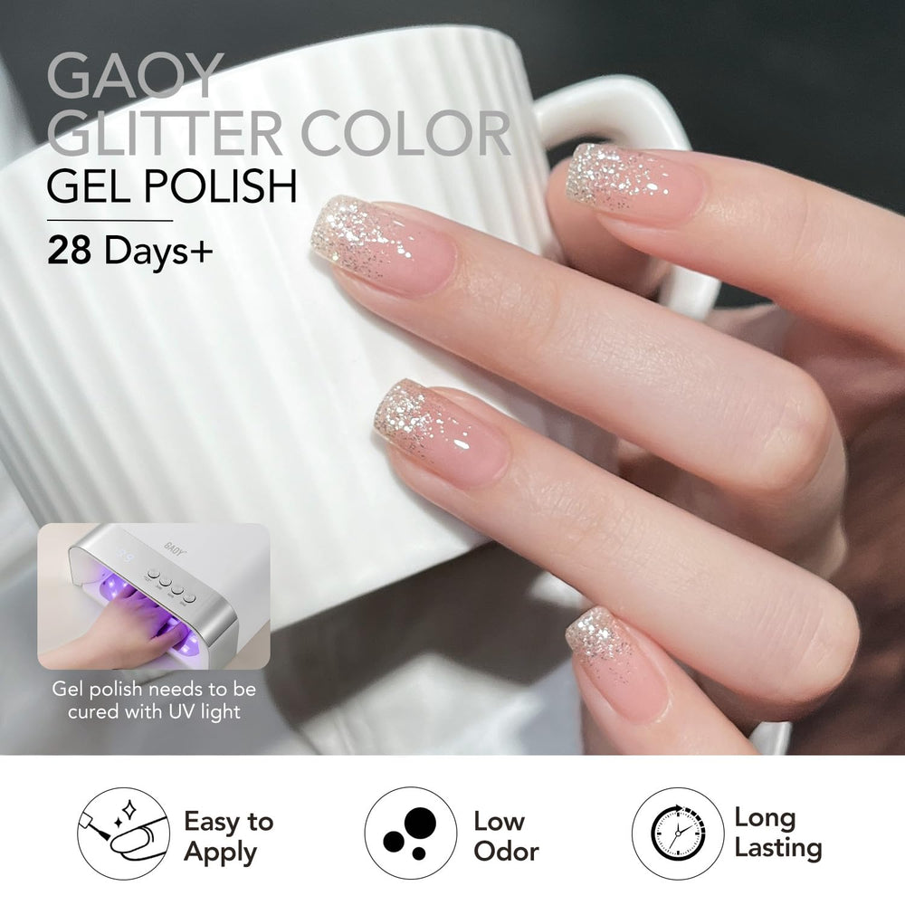 GAOY glitter gel polish set UV cure 60s image demonstrates quick drying for DIY nails.