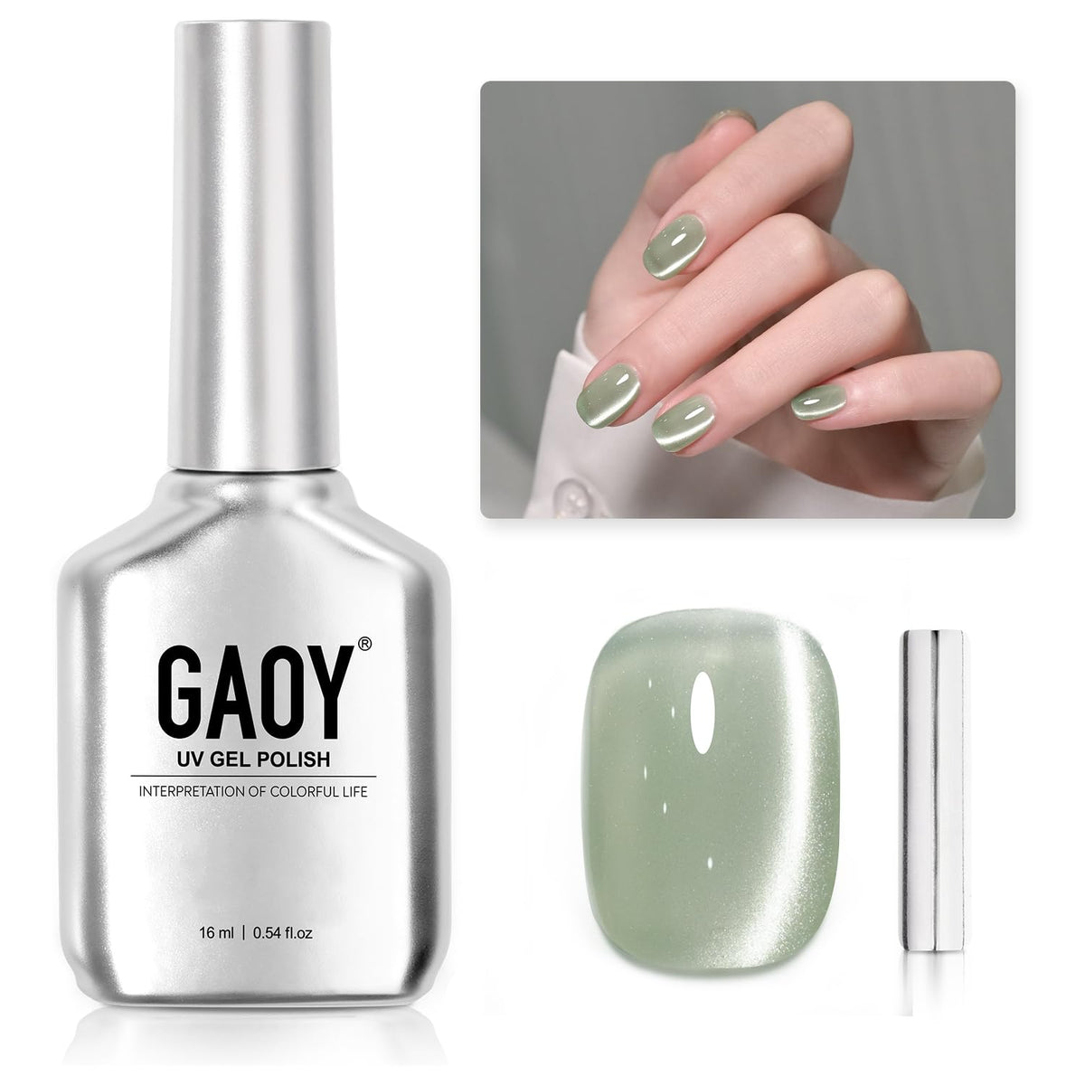 GAOY Green Glassy Cat Eye Gel Nail Polish bottle closeup showing glittery shimmer for party-ready nails
