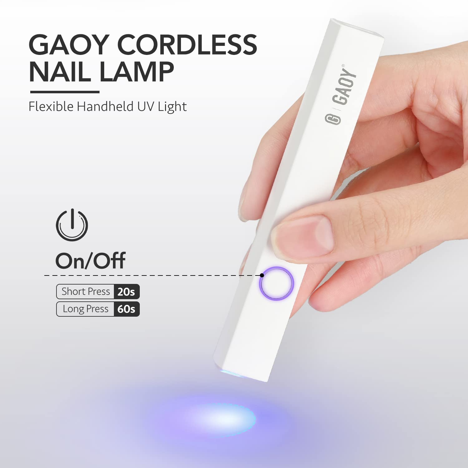 GAOY Handheld UV Light cordless design enables convenient gel nail curing anywhere.