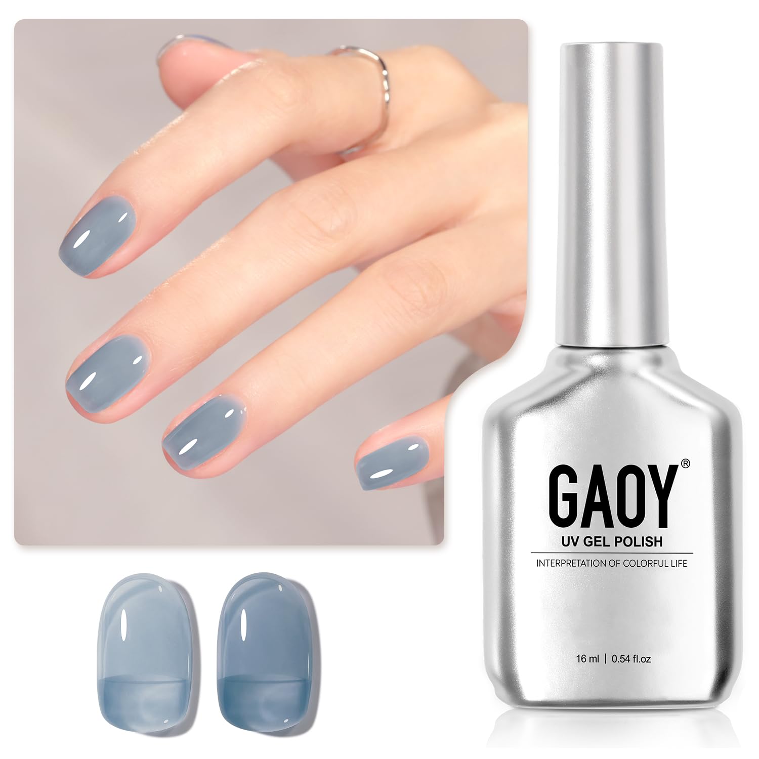 GAOY Jelly Nude Blue gel nail polish bottle closeup for at-home manicures