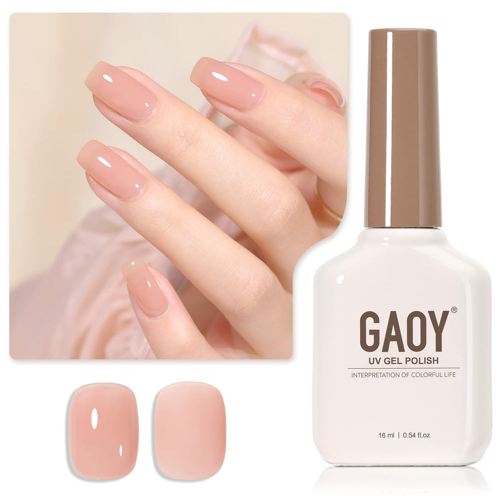 GAOY Jelly Nude Peach nail polish being applied for a sheer buildable look