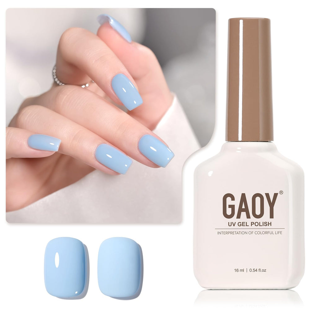 GAOY Light Blue Gel Nail Polish bottle close-up, ideal for an at-home manicure with long-lasting color.