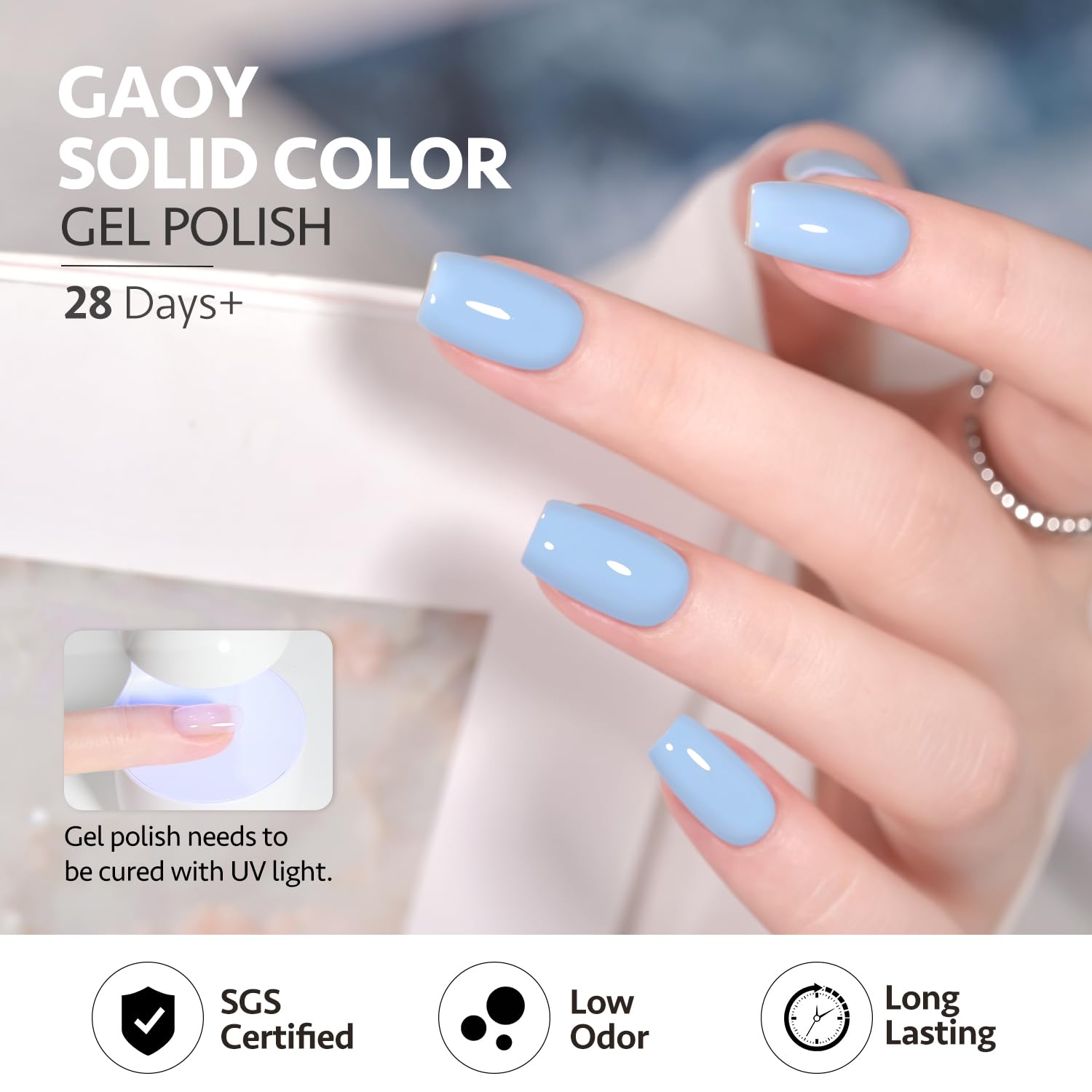 GAOY Light Blue Gel Nail Polish with top coat, shows a subtle shimmering finish.