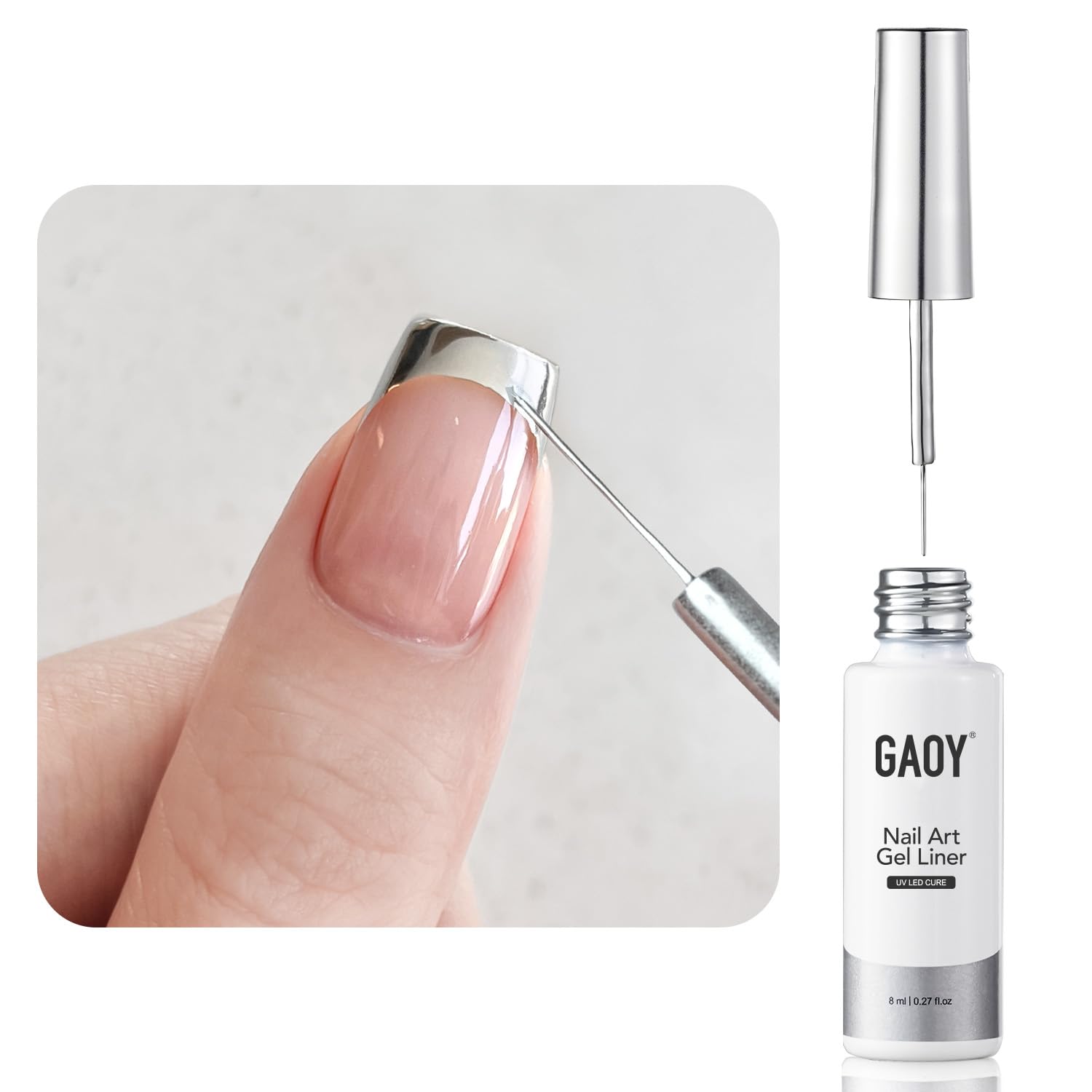 GAOY metallic-silver gel nail liner swatch with chrome mirror finish for bold accents.