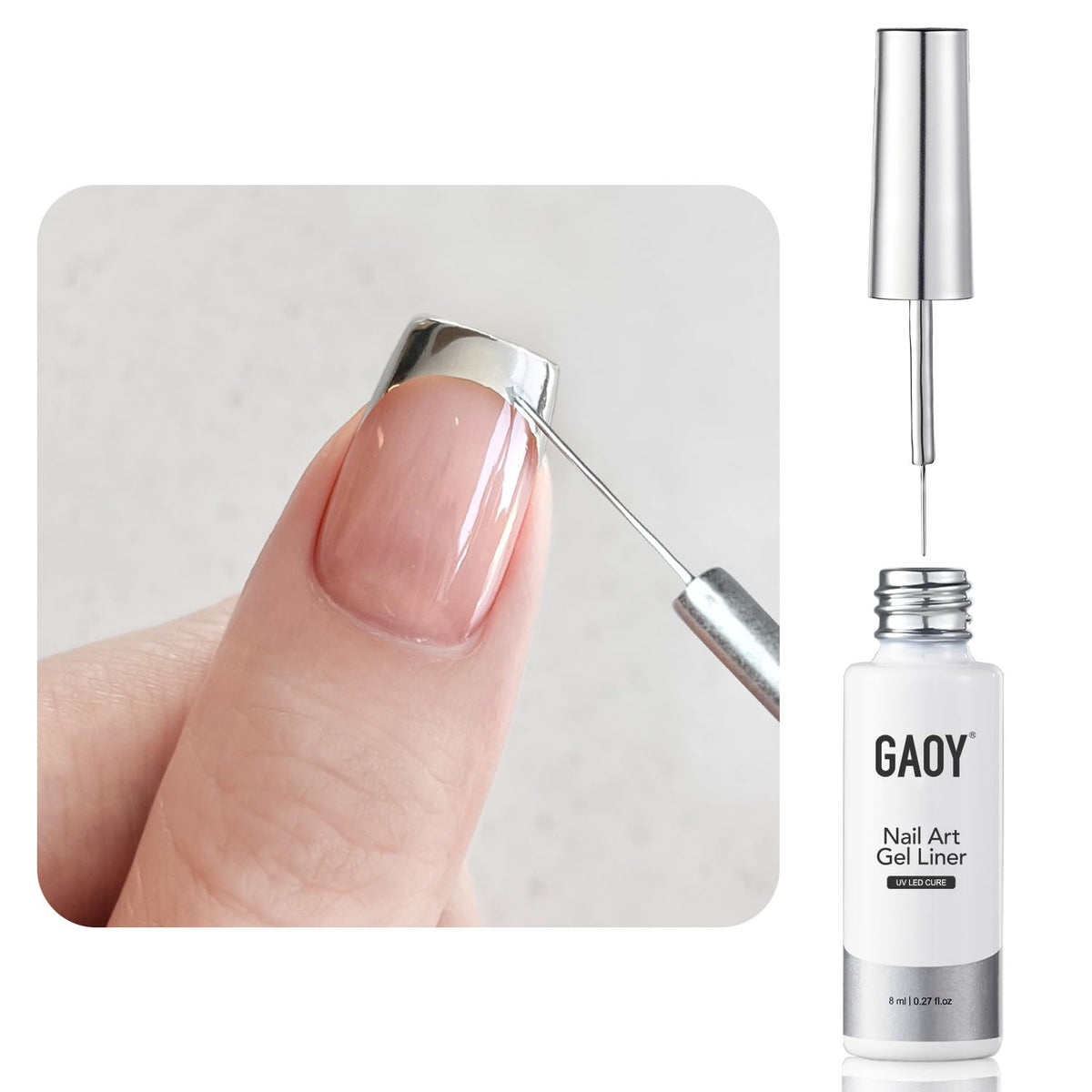 GAOY metallic-silver gel nail liner swatch with chrome mirror finish for bold accents.