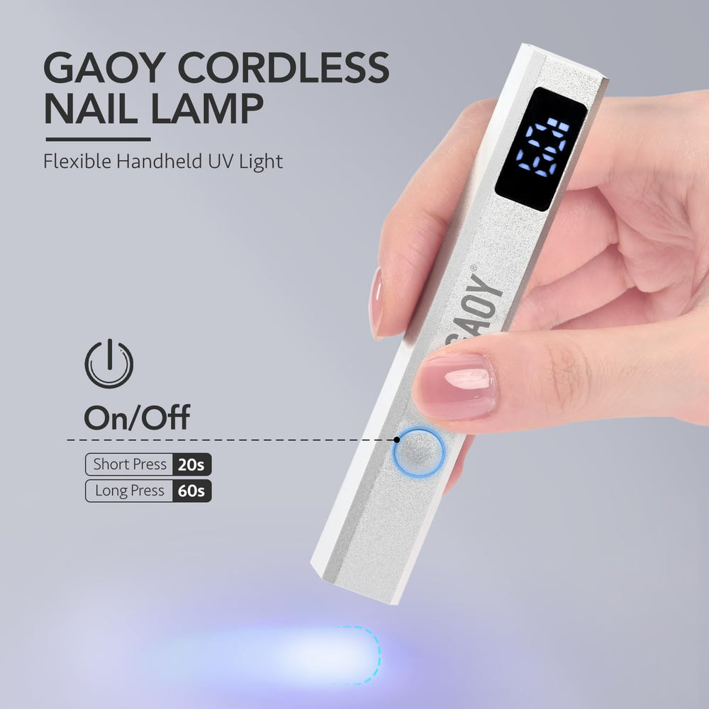 GAOY mini handheld UV light ideal for precise one-nail curing and detail work.
